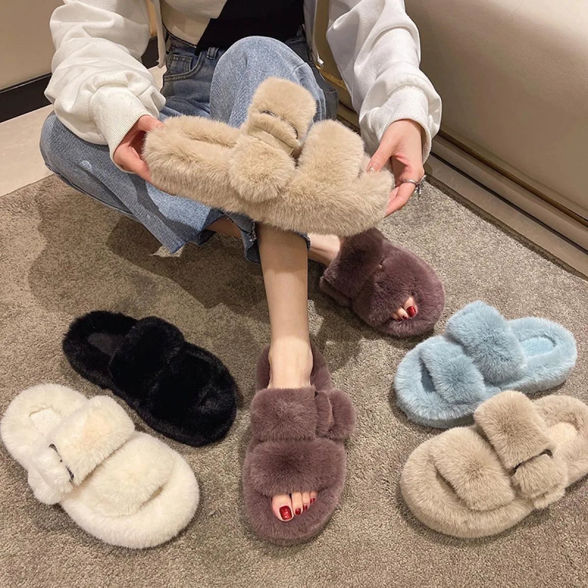 2022 moda invernale morbido caldo comfort piatto pantofola in pelliccia designer di marca slip on mocassini muli infradito casua