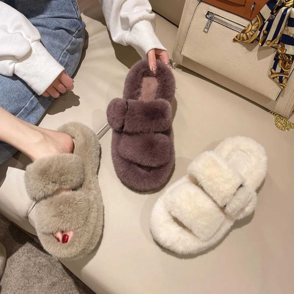 2022 moda invernale morbido caldo comfort piatto pantofola in pelliccia designer di marca slip on mocassini muli infradito casua