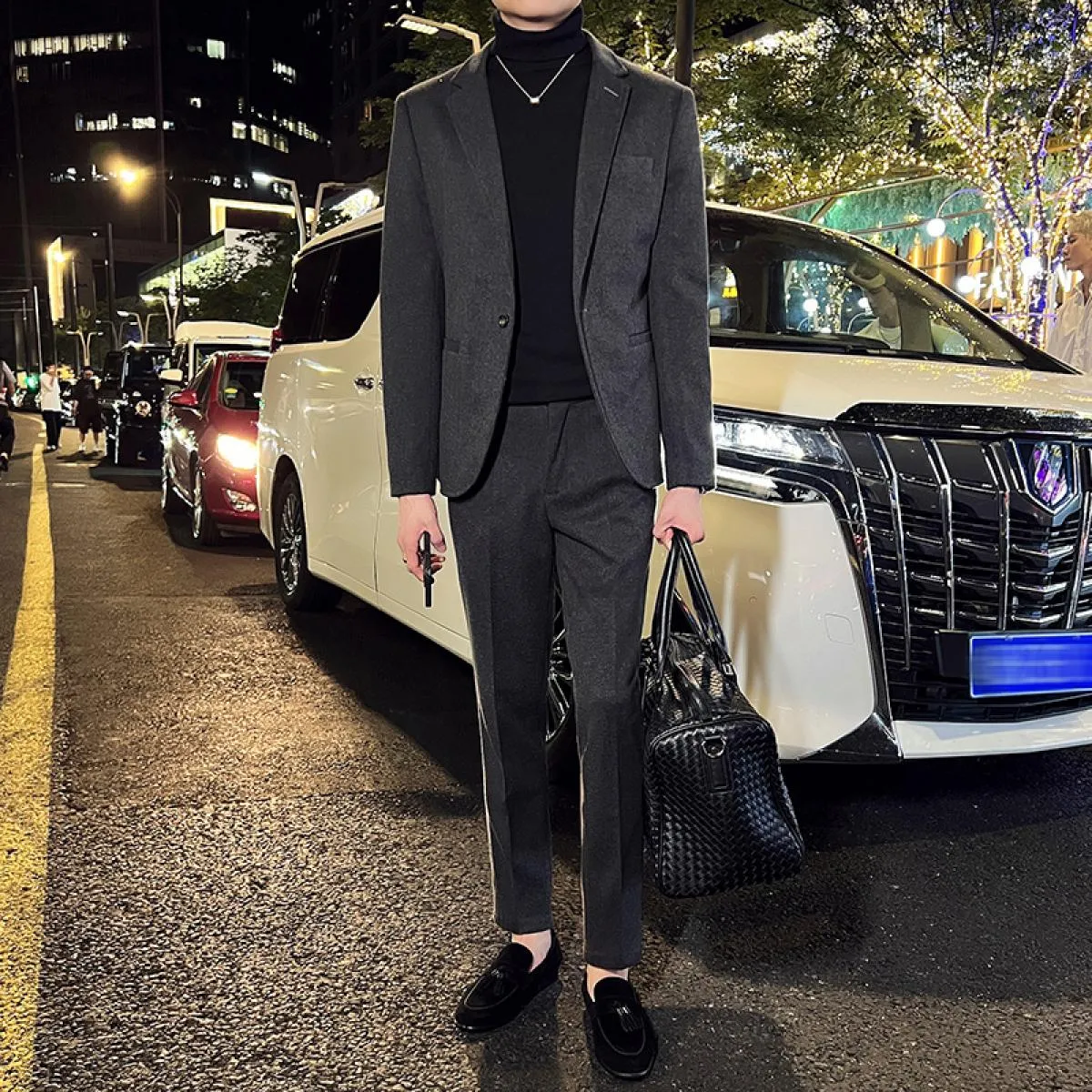 2023 Abito di lana da uomo Set da 2 pezzi Slim Fit Un bottone Stile britannico Set da 2 pezzi Giacca e pantaloni, Cachi, Autunno