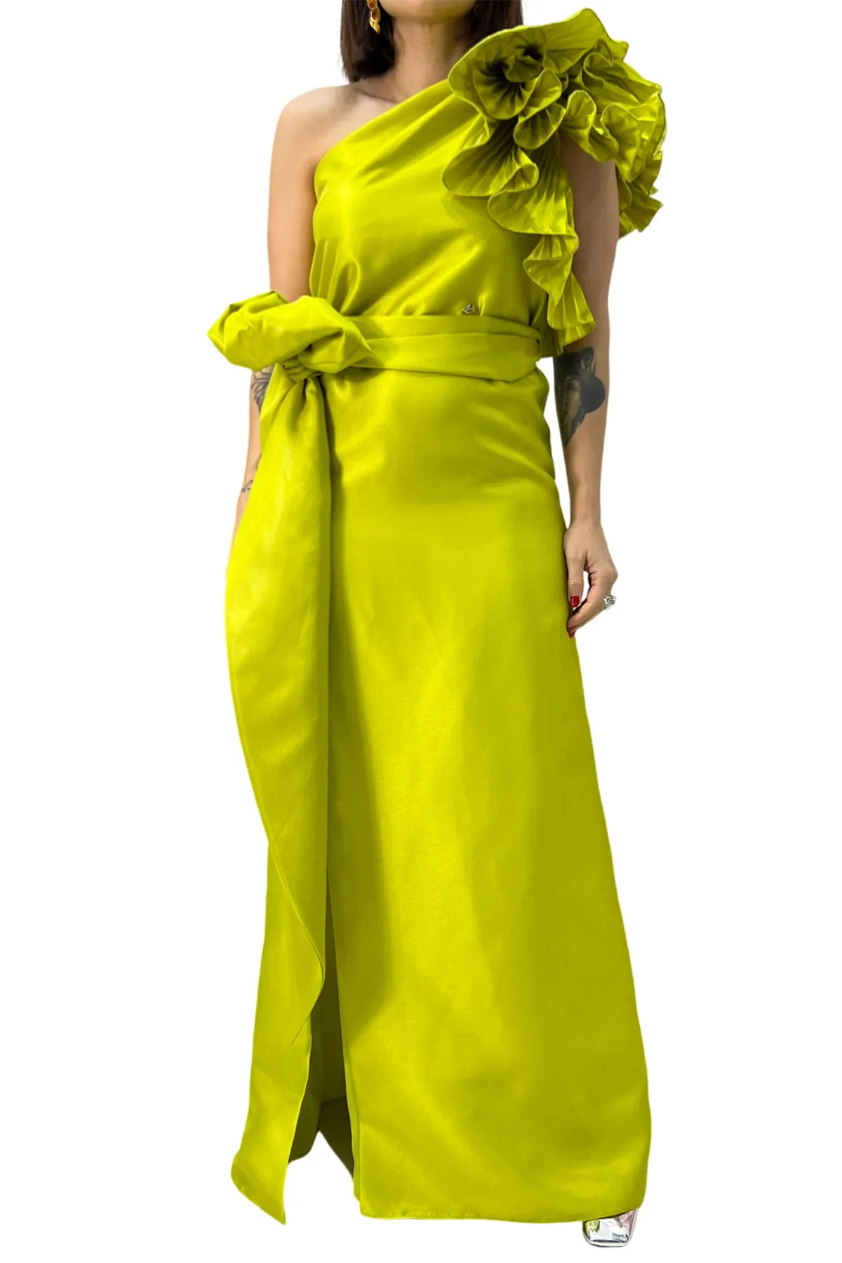 Abito donna in shantung con cintura removibile e dettaglio fiore sul monospalla