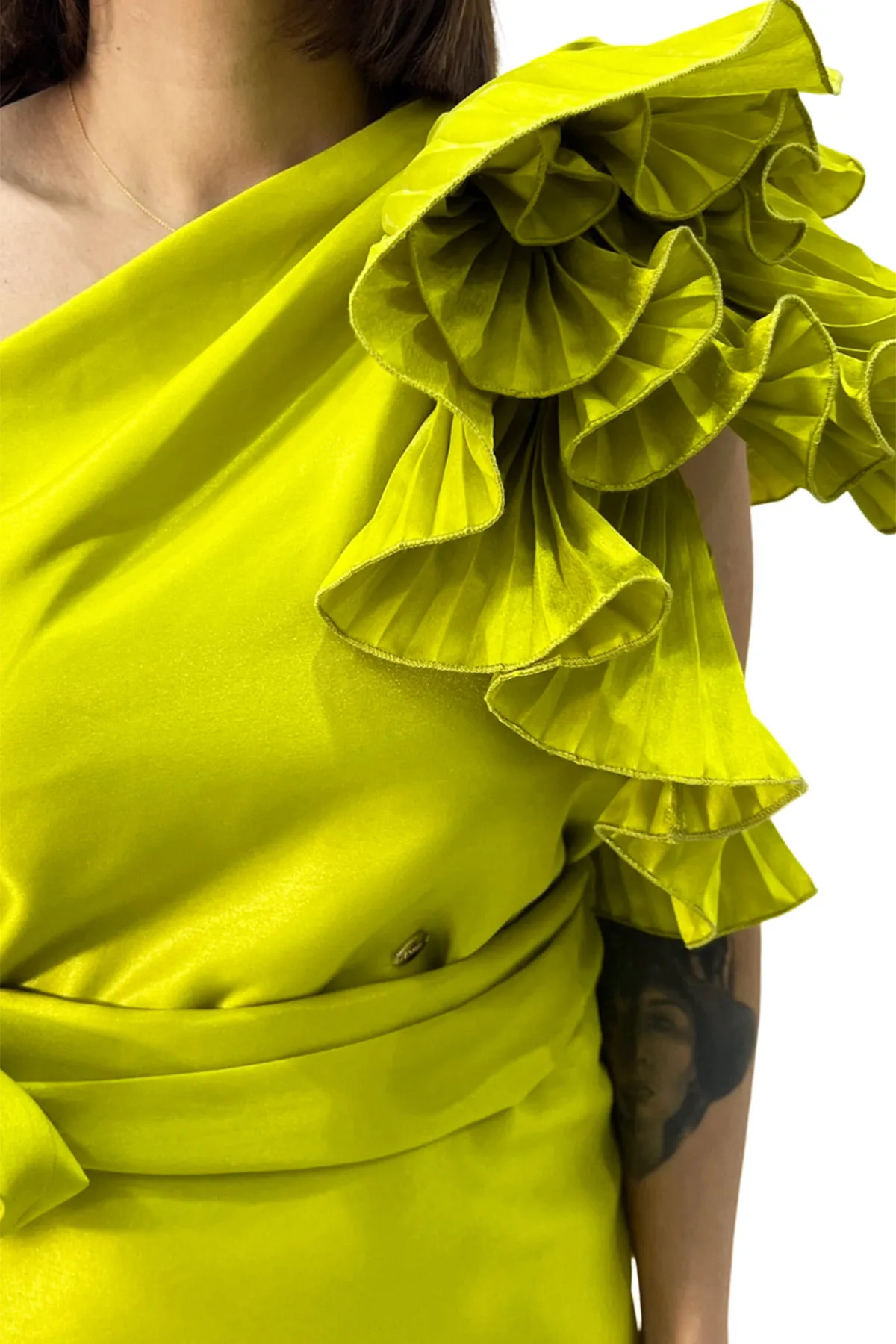 Abito donna in shantung con cintura removibile e dettaglio fiore sul monospalla