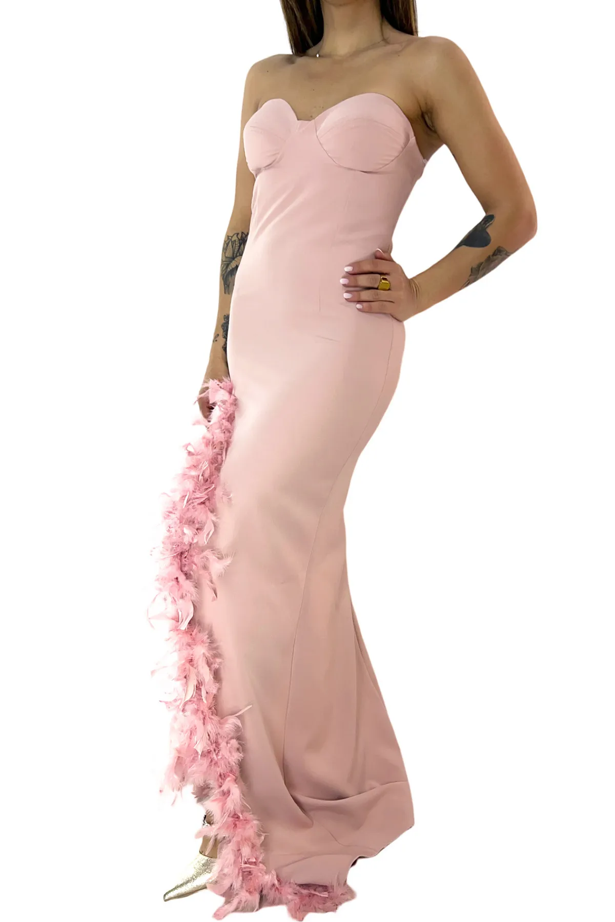 Abito donna lungo bustier coppa scollo a cuore spacco sul davanti con piuma chiusura retro