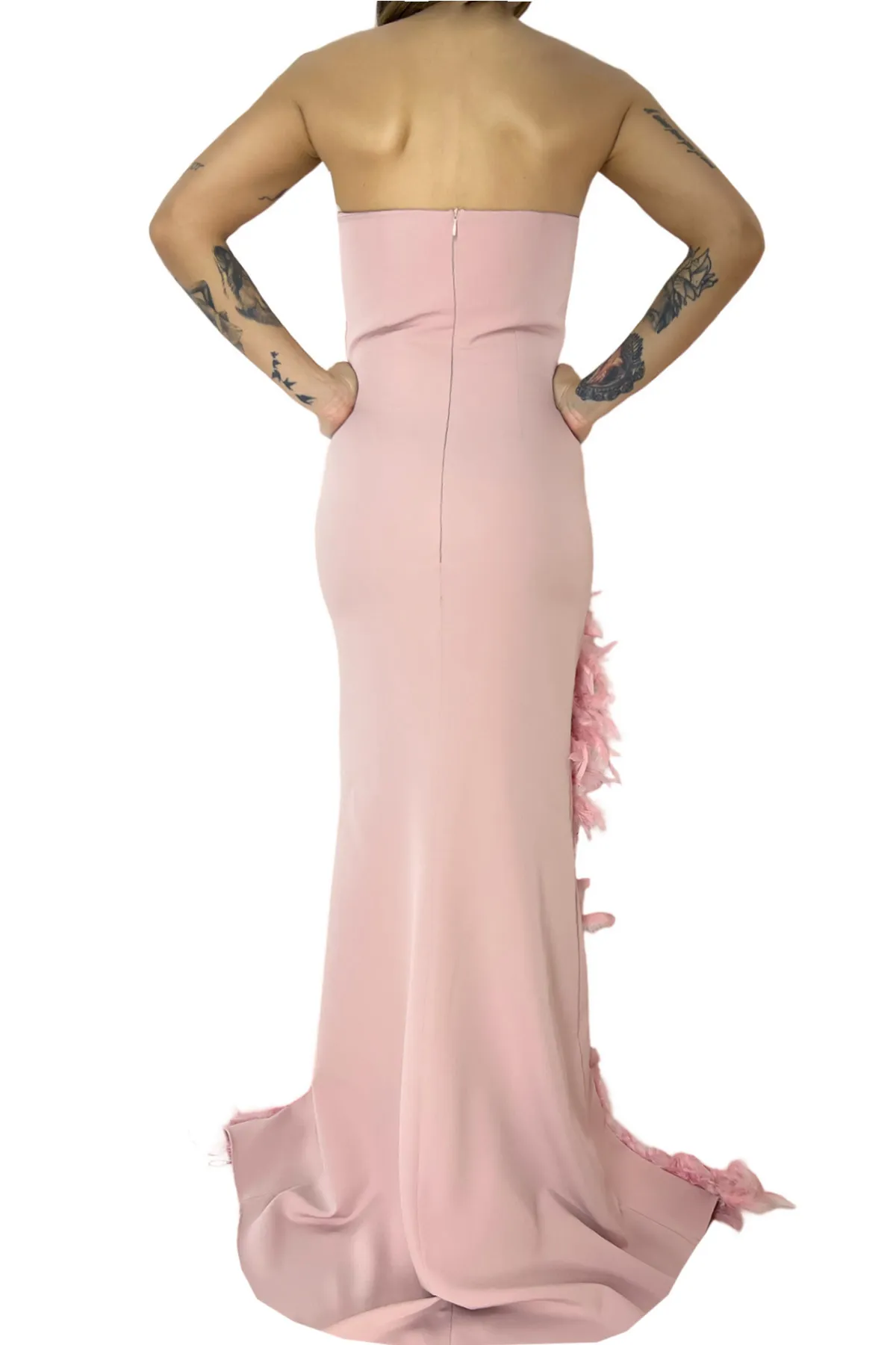 Abito donna lungo bustier coppa scollo a cuore spacco sul davanti con piuma chiusura retro