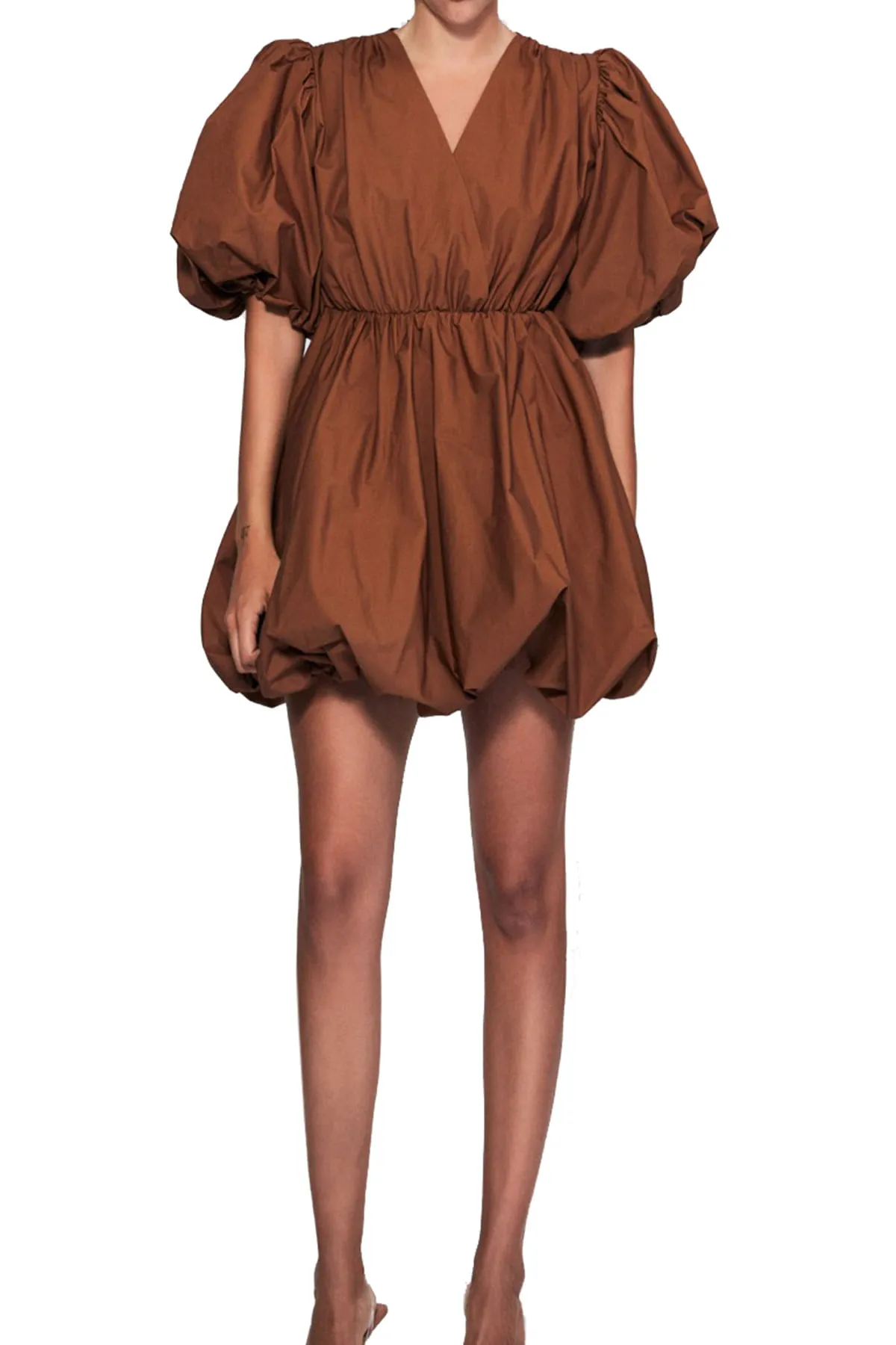 Abito donna mini in cotone popeline scollo a V drappeggio in vita maniche a sbuffo