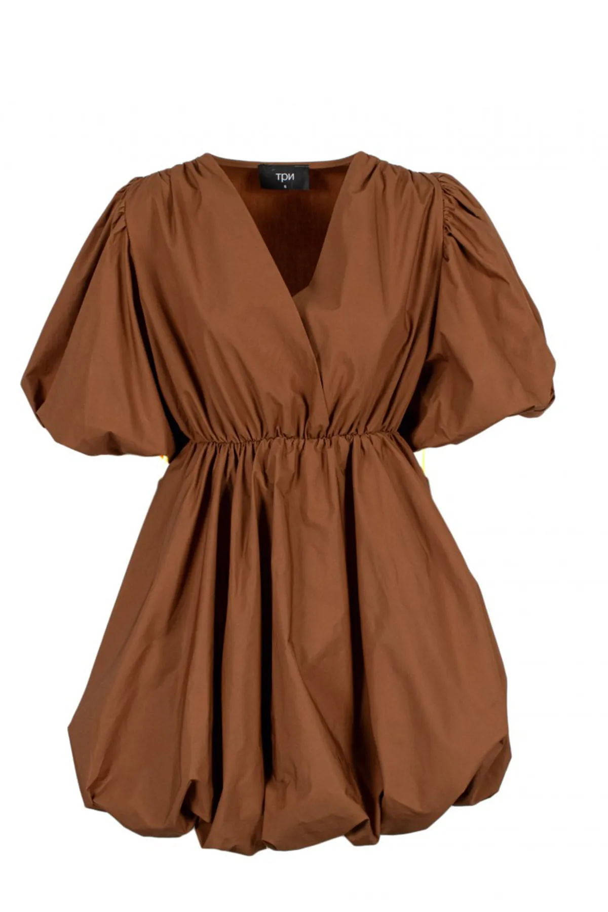 Abito donna mini in cotone popeline scollo a V drappeggio in vita maniche a sbuffo