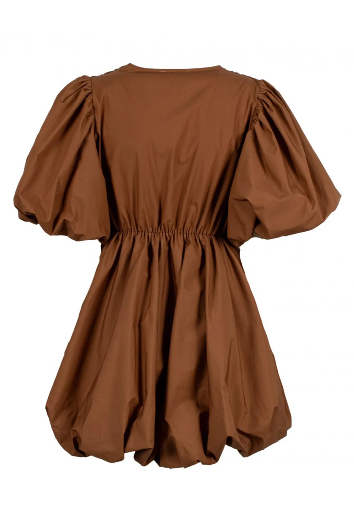 Abito donna mini in cotone popeline scollo a V drappeggio in vita maniche a sbuffo