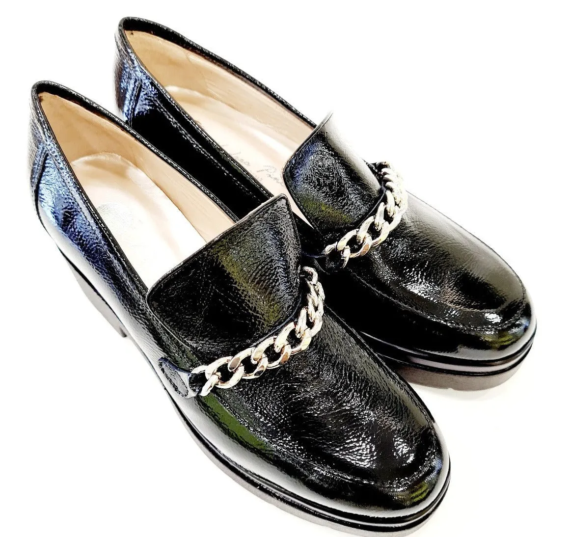 ANDREA PINTO MOCASSINO TACCO ALTO 5,5 CM PLATEAU 3 CM.PELLE NAPLAK NERO ACCESSORIO CATENA ACCIAIORIF.52