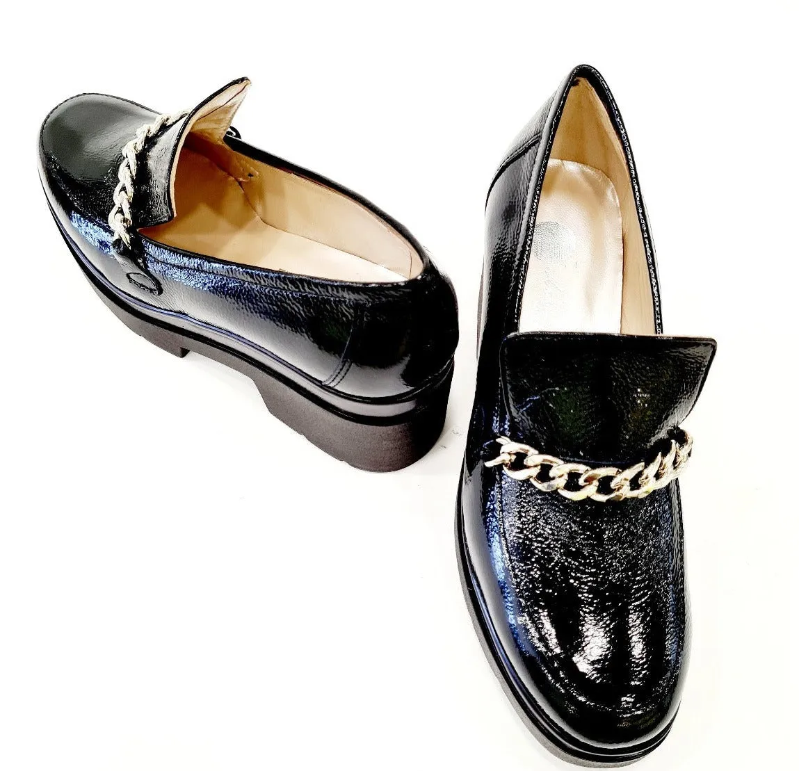 ANDREA PINTO MOCASSINO TACCO ALTO 5,5 CM PLATEAU 3 CM.PELLE NAPLAK NERO ACCESSORIO CATENA ACCIAIORIF.52