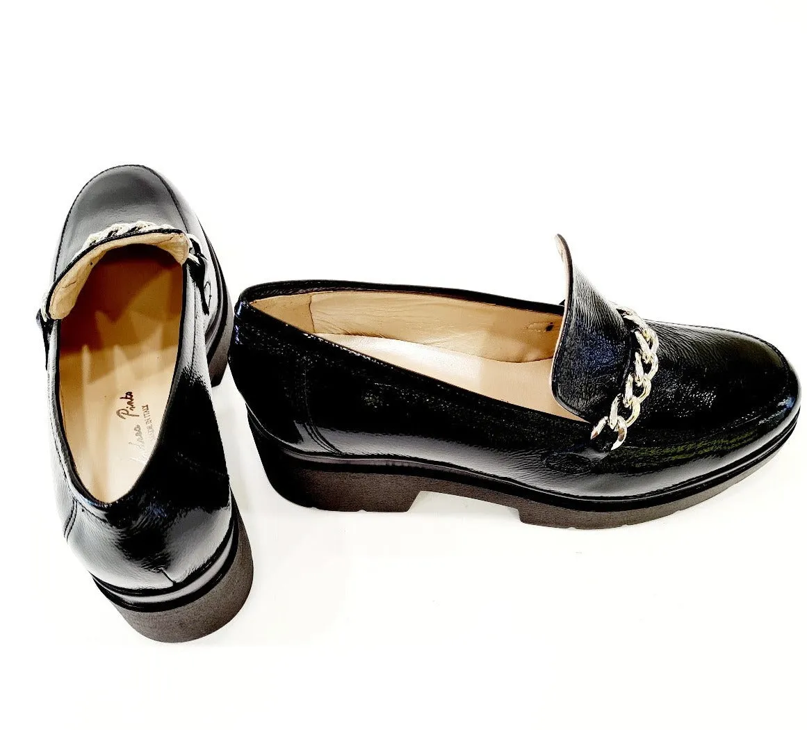 ANDREA PINTO MOCASSINO TACCO ALTO 5,5 CM PLATEAU 3 CM.PELLE NAPLAK NERO ACCESSORIO CATENA ACCIAIORIF.52
