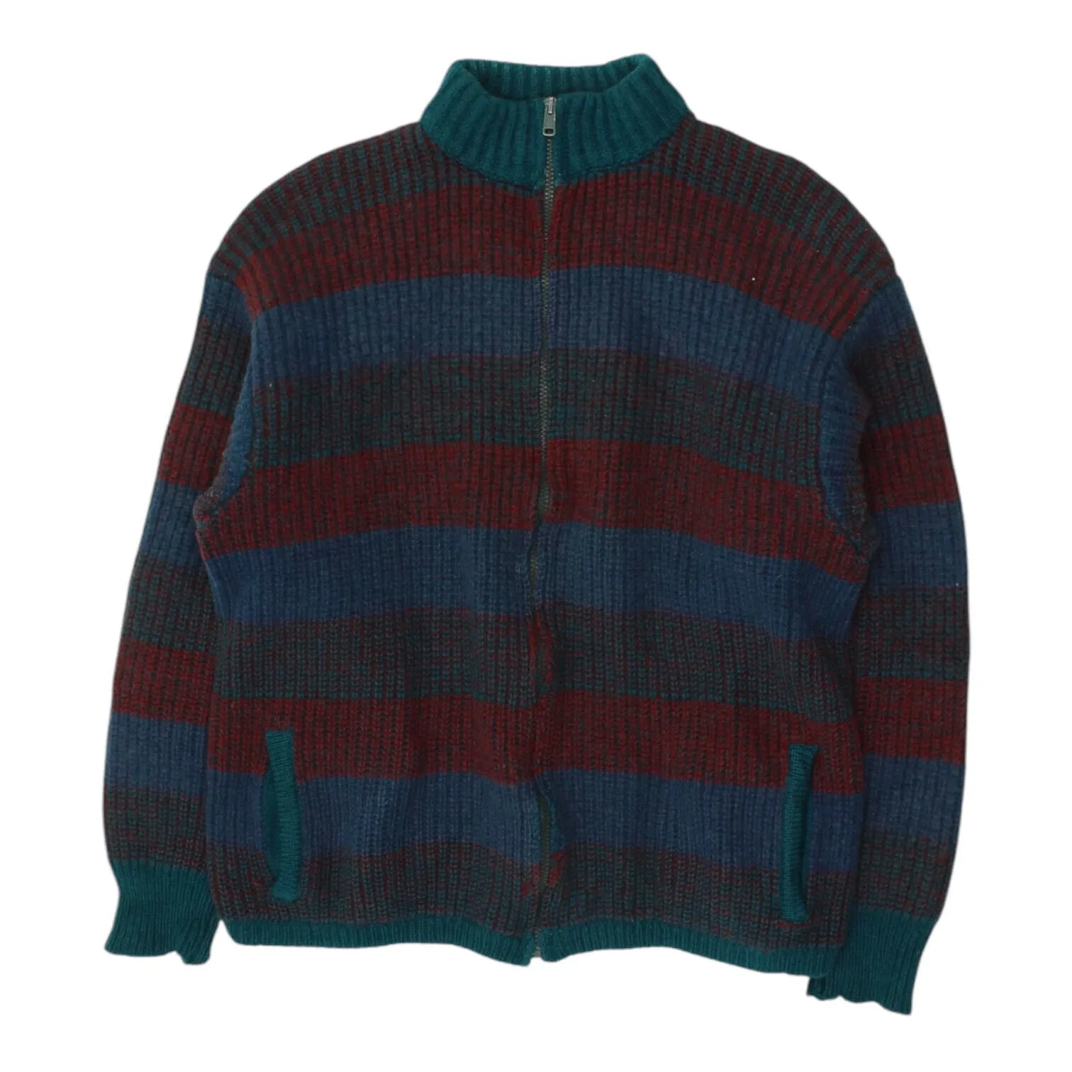 Benetton Mens Blue Red Full Zip Knit Jumper Jacket | Vintage High End Designer
