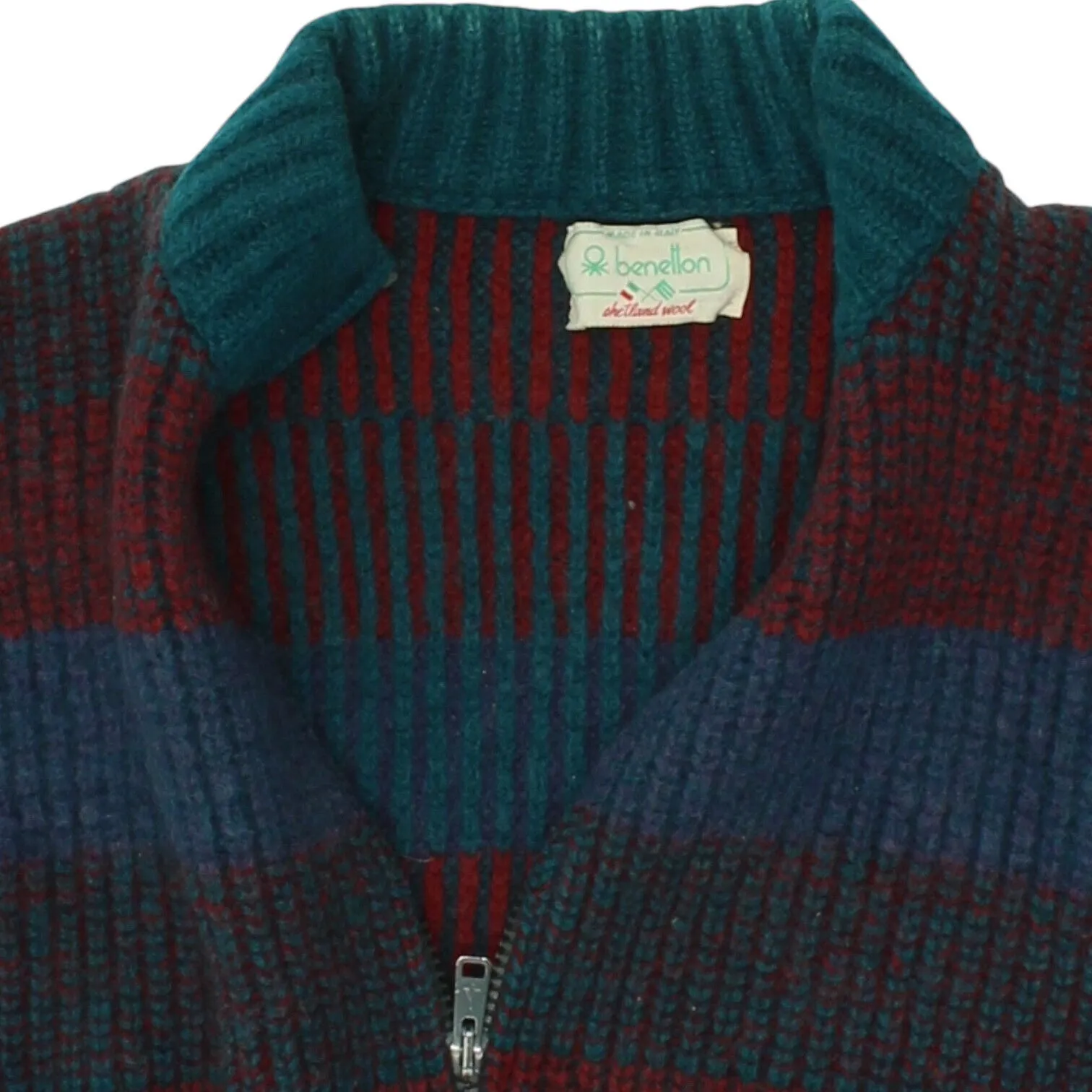 Benetton Mens Blue Red Full Zip Knit Jumper Jacket | Vintage High End Designer