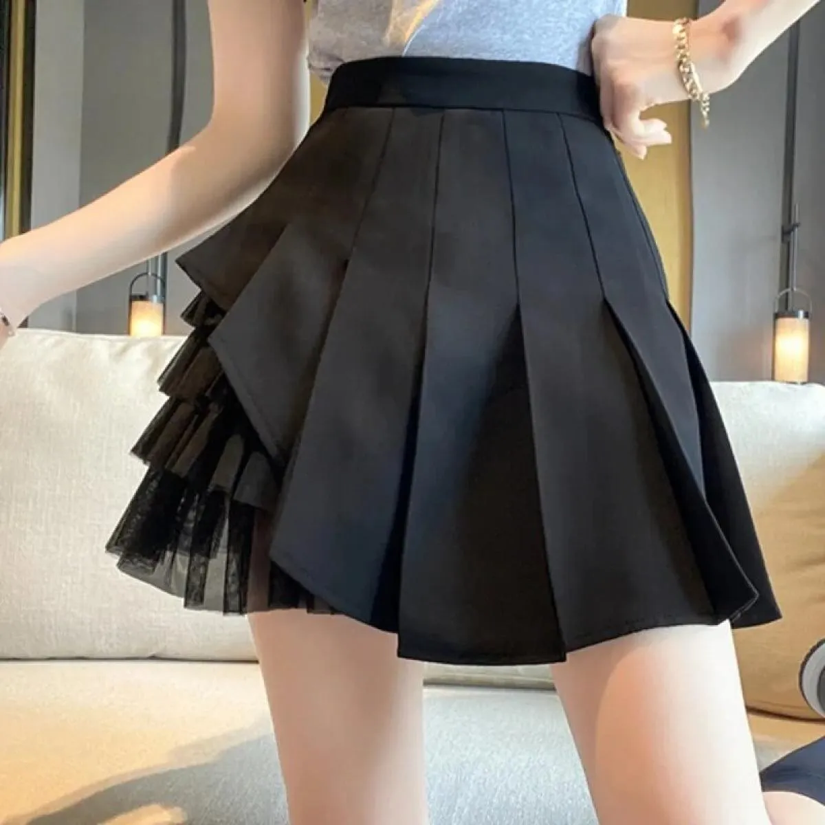 Black White High Waist Pleated Skirt Mesh Bodycon  Faldas Mujer Moda Casual Ruffle Jupe Women's  Tulle Skirt Femme
