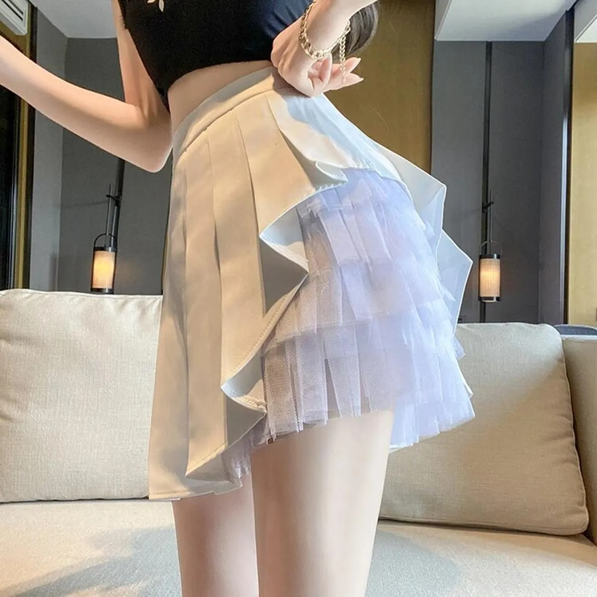 Black White High Waist Pleated Skirt Mesh Bodycon  Faldas Mujer Moda Casual Ruffle Jupe Women's  Tulle Skirt Femme
