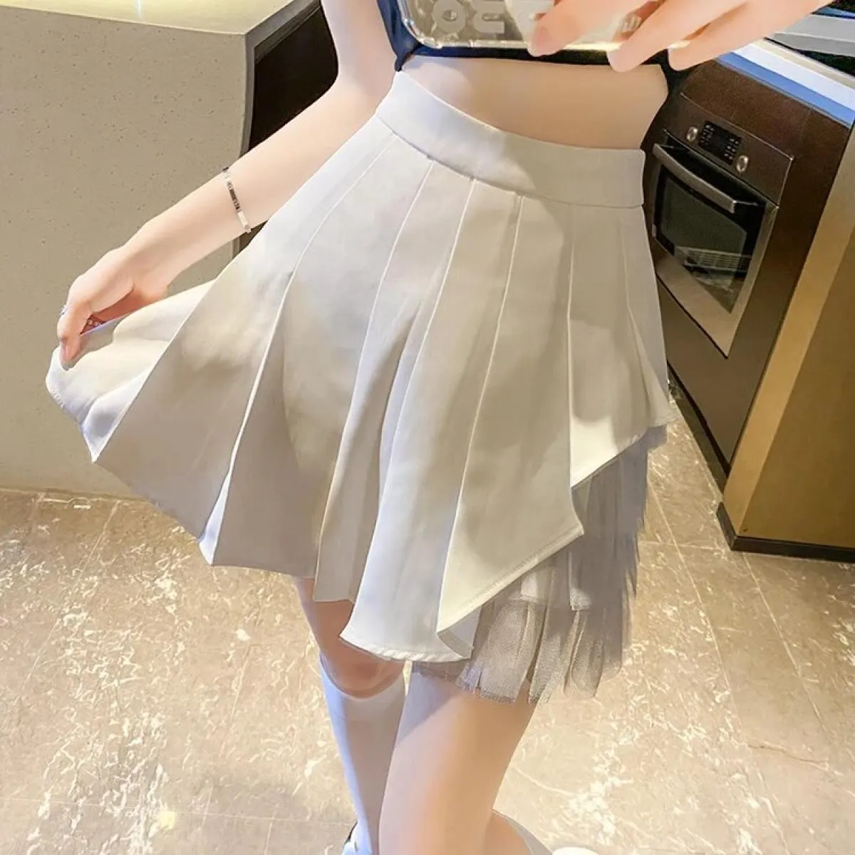 Black White High Waist Pleated Skirt Mesh Bodycon  Faldas Mujer Moda Casual Ruffle Jupe Women's  Tulle Skirt Femme