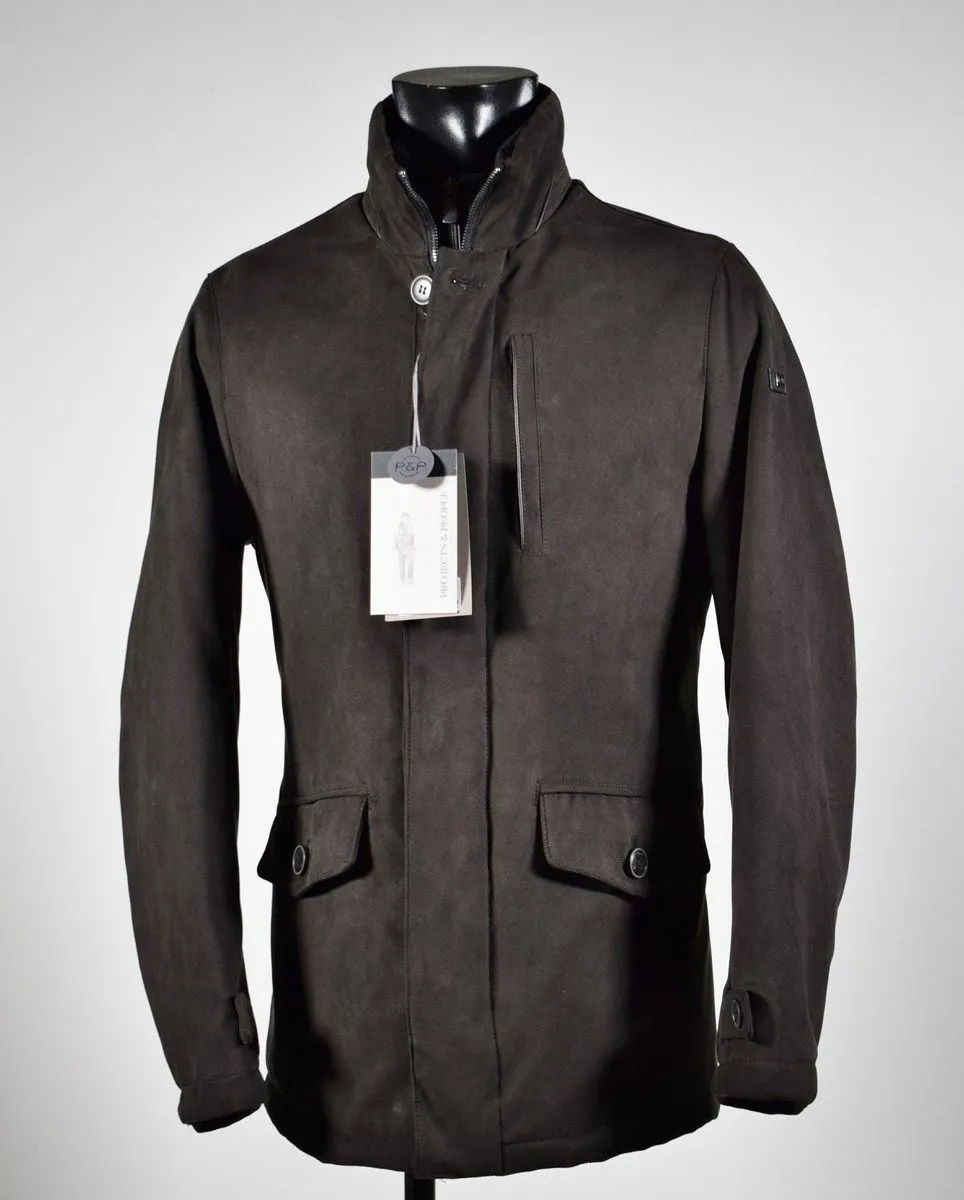 Brown faux suede jacket with detachable bib