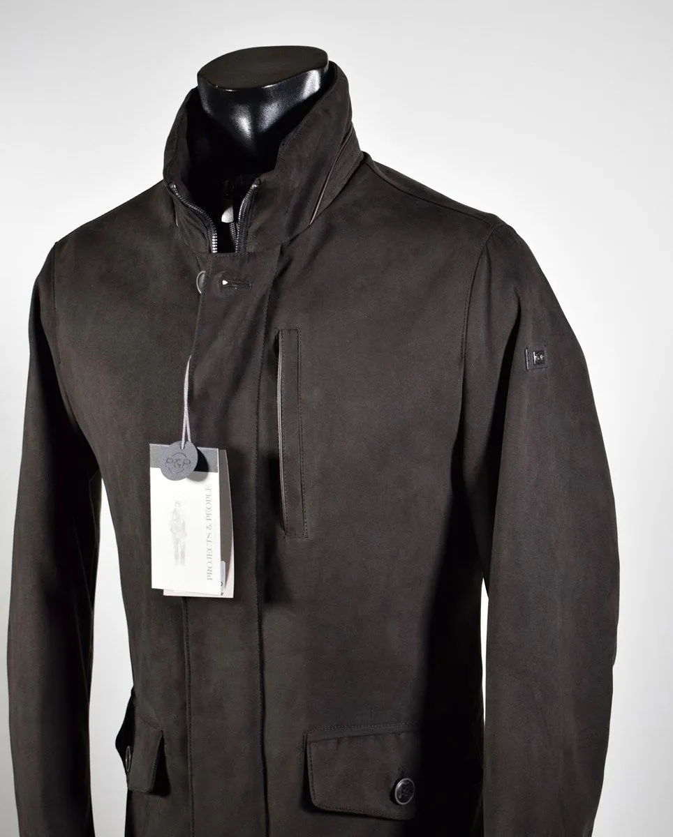 Brown faux suede jacket with detachable bib