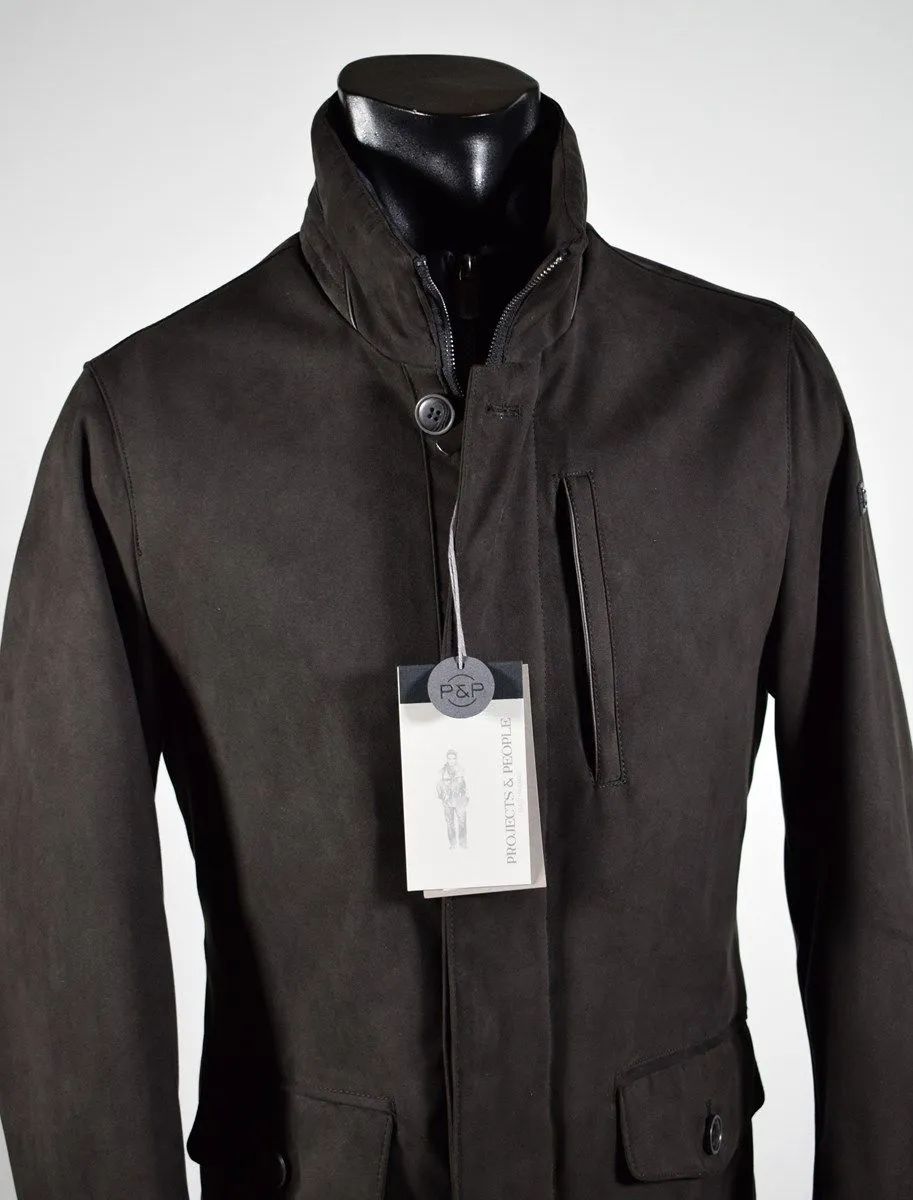 Brown faux suede jacket with detachable bib