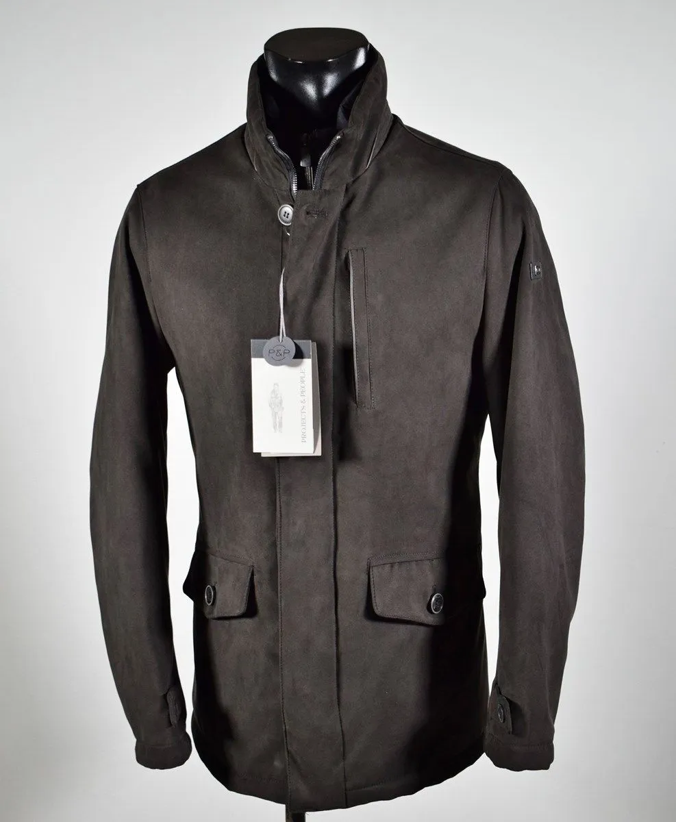 Brown faux suede jacket with detachable bib