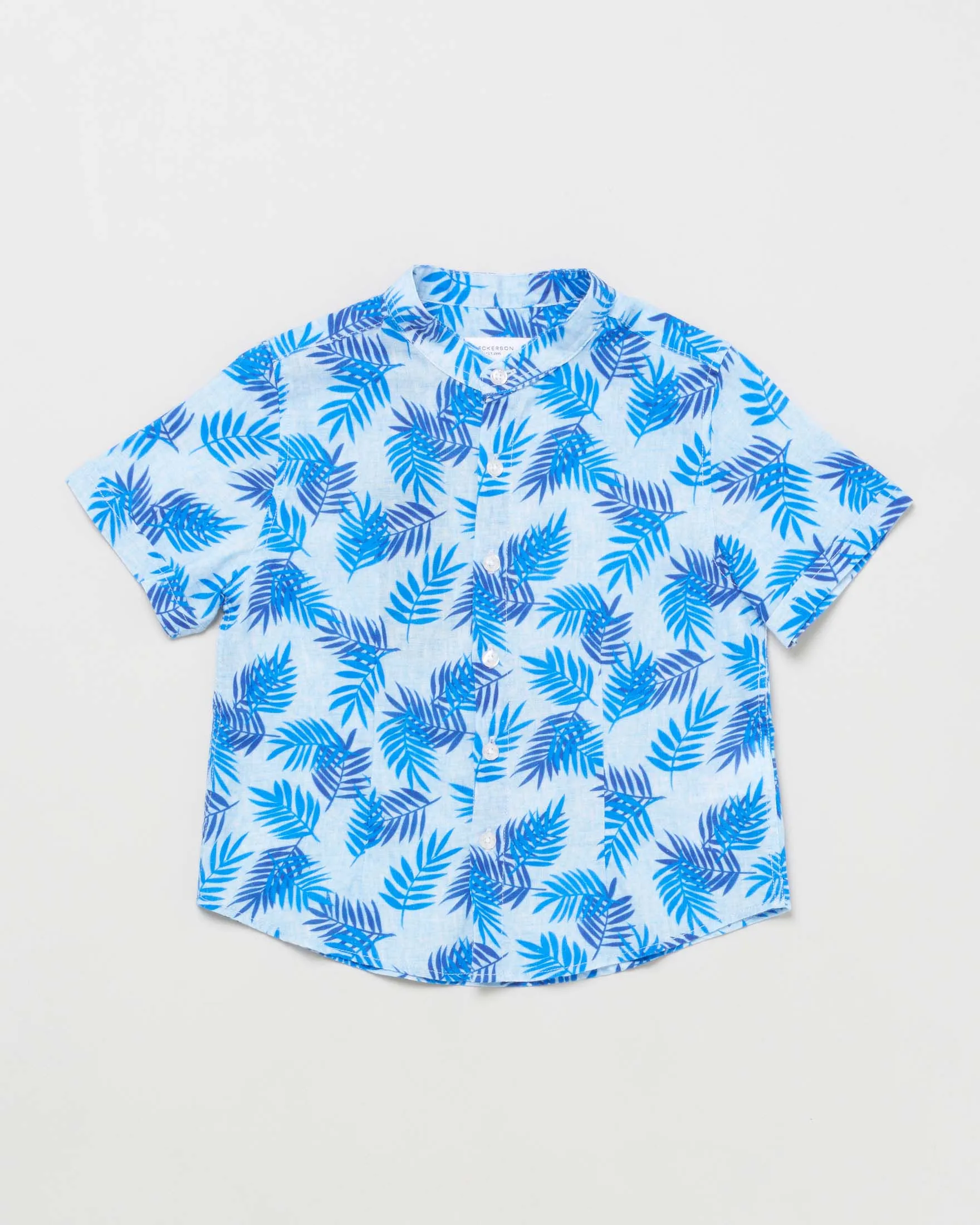 Camicia mezza manica azzurra con collo alla coreana in lino e cotone a fantasia hawaiana 2-7 anni