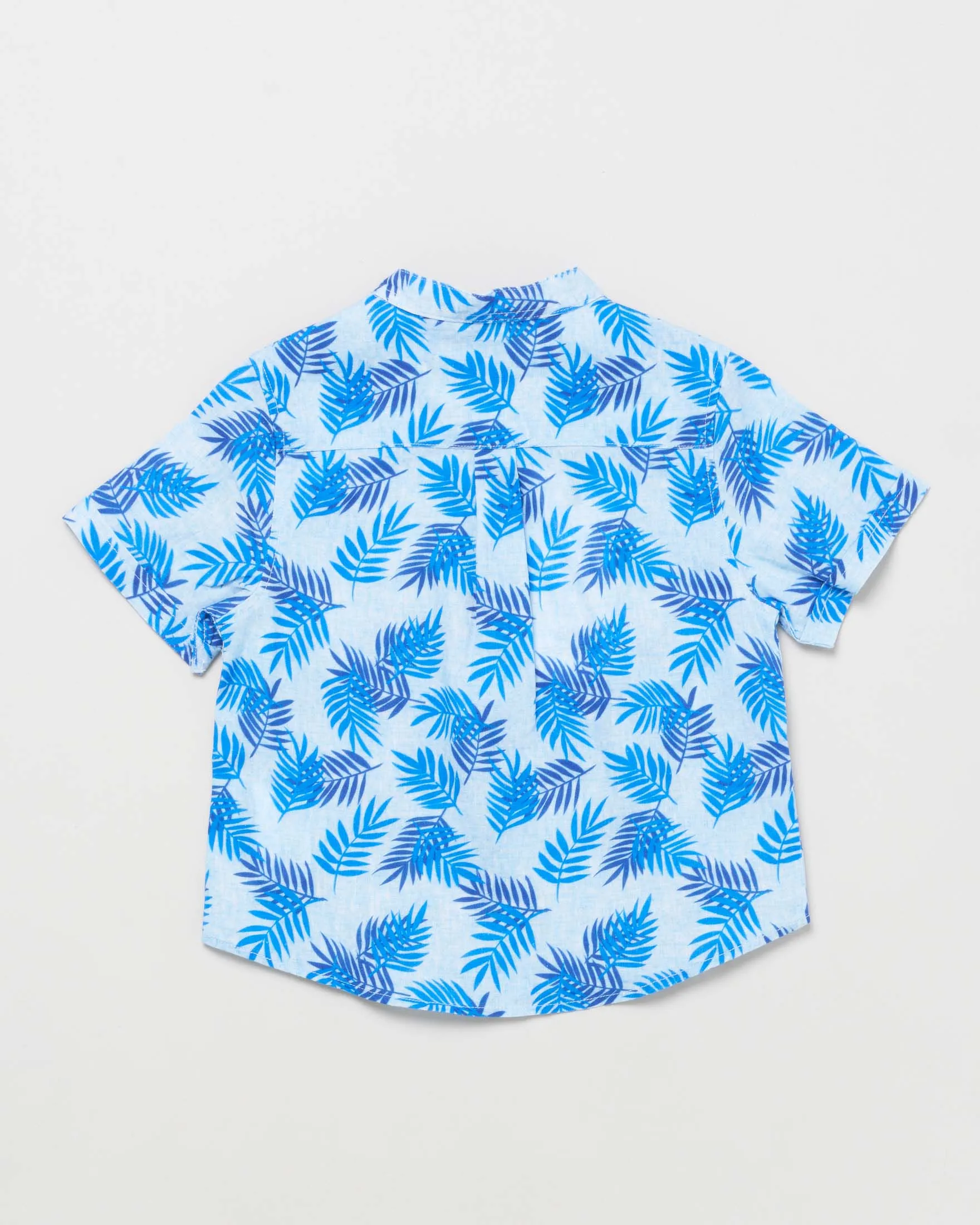 Camicia mezza manica azzurra con collo alla coreana in lino e cotone a fantasia hawaiana 2-7 anni