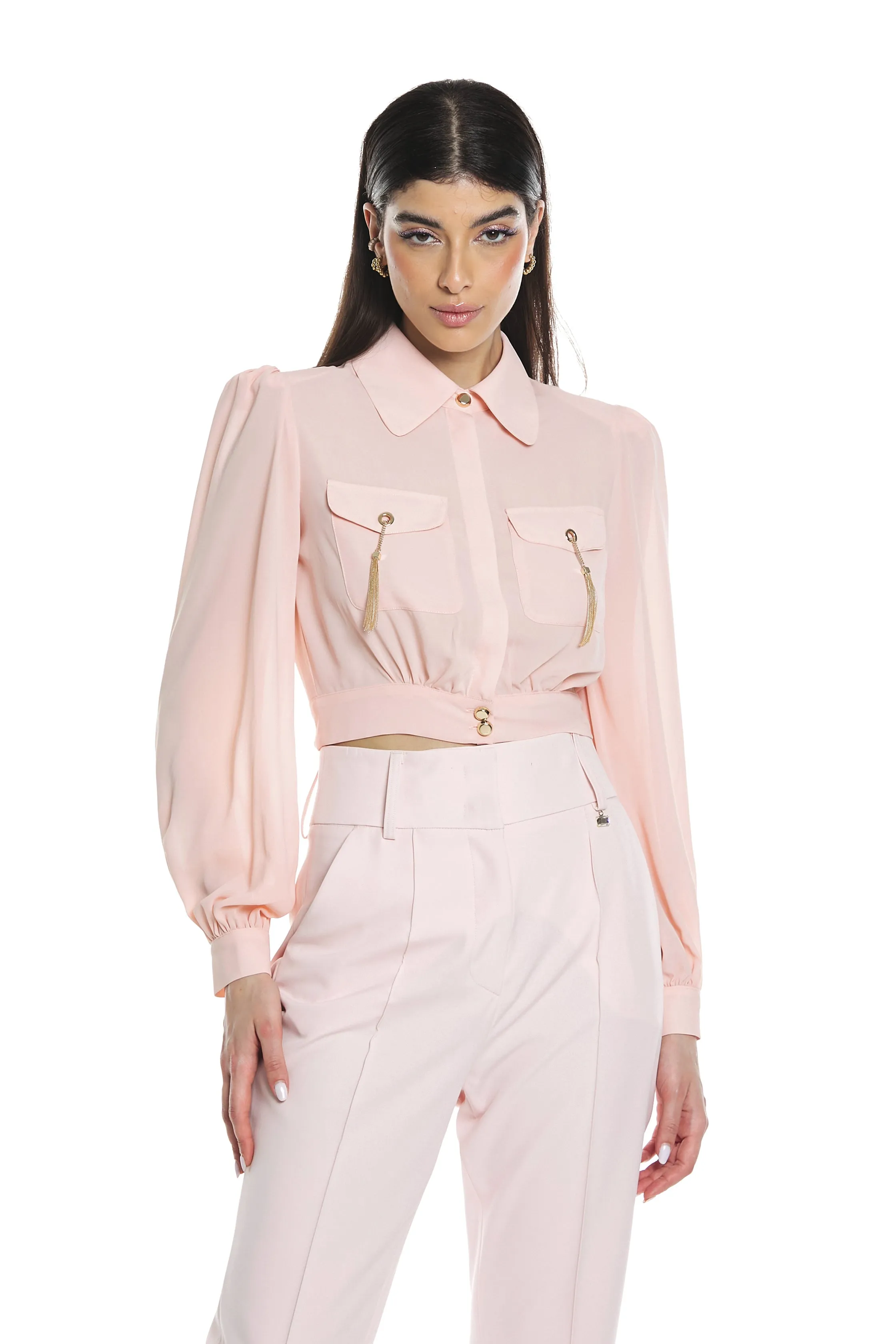 Camicia STAUROLITE manica lunga con spallina più arricci  più tasca  più vele più nappina catene pend.