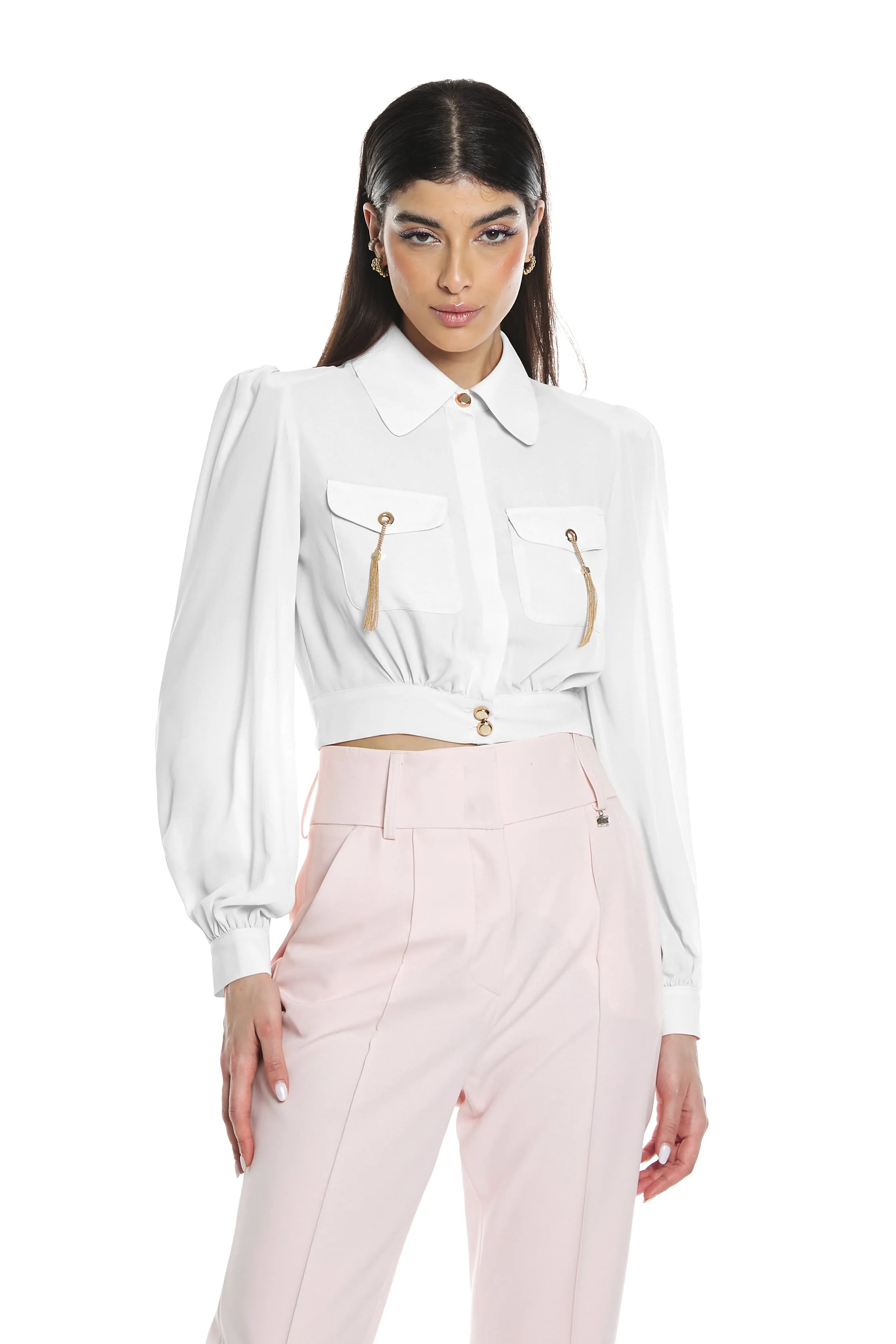 Camicia STAUROLITE manica lunga con spallina più arricci  più tasca  più vele più nappina catene pend.