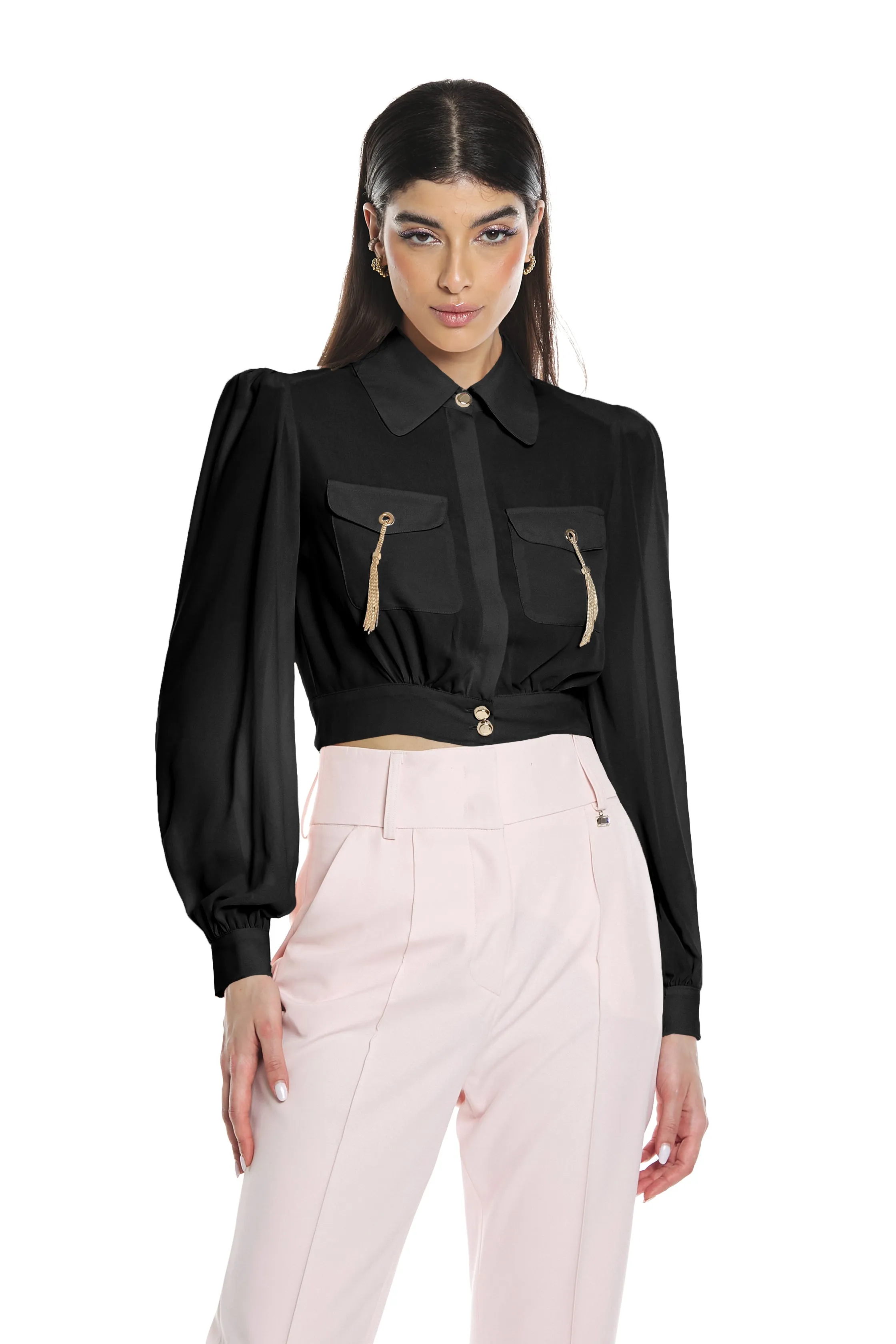 Camicia STAUROLITE manica lunga con spallina più arricci  più tasca  più vele più nappina catene pend.