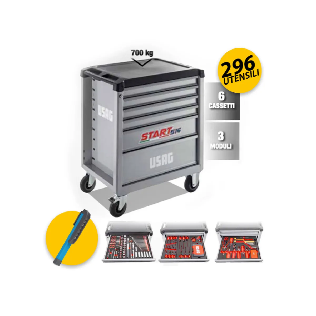 Carrello con Assortimento Manutenzione 296 Utensili Usag 