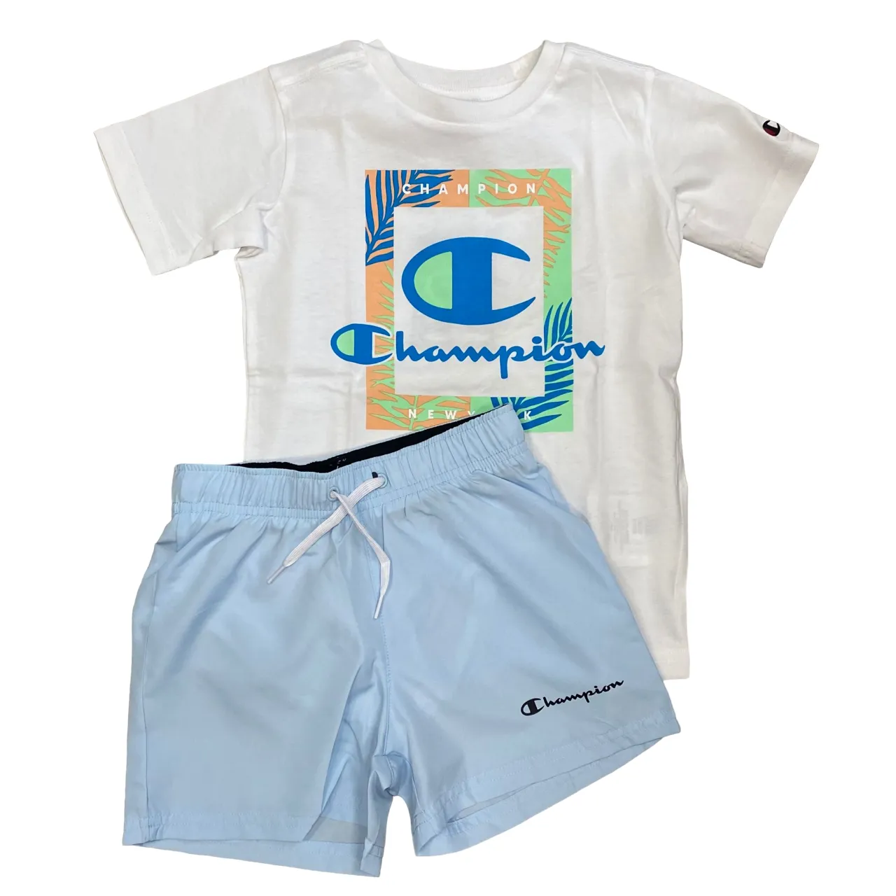 Champion completo da ragazzo maglietta manica corta e pantaloncino Boxer mare 306793 WW001 bianco-celeste