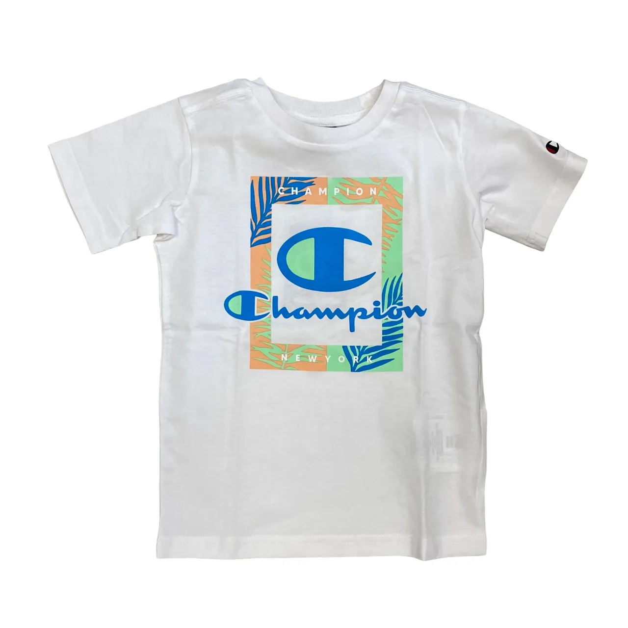 Champion completo da ragazzo maglietta manica corta e pantaloncino Boxer mare 306793 WW001 bianco-celeste