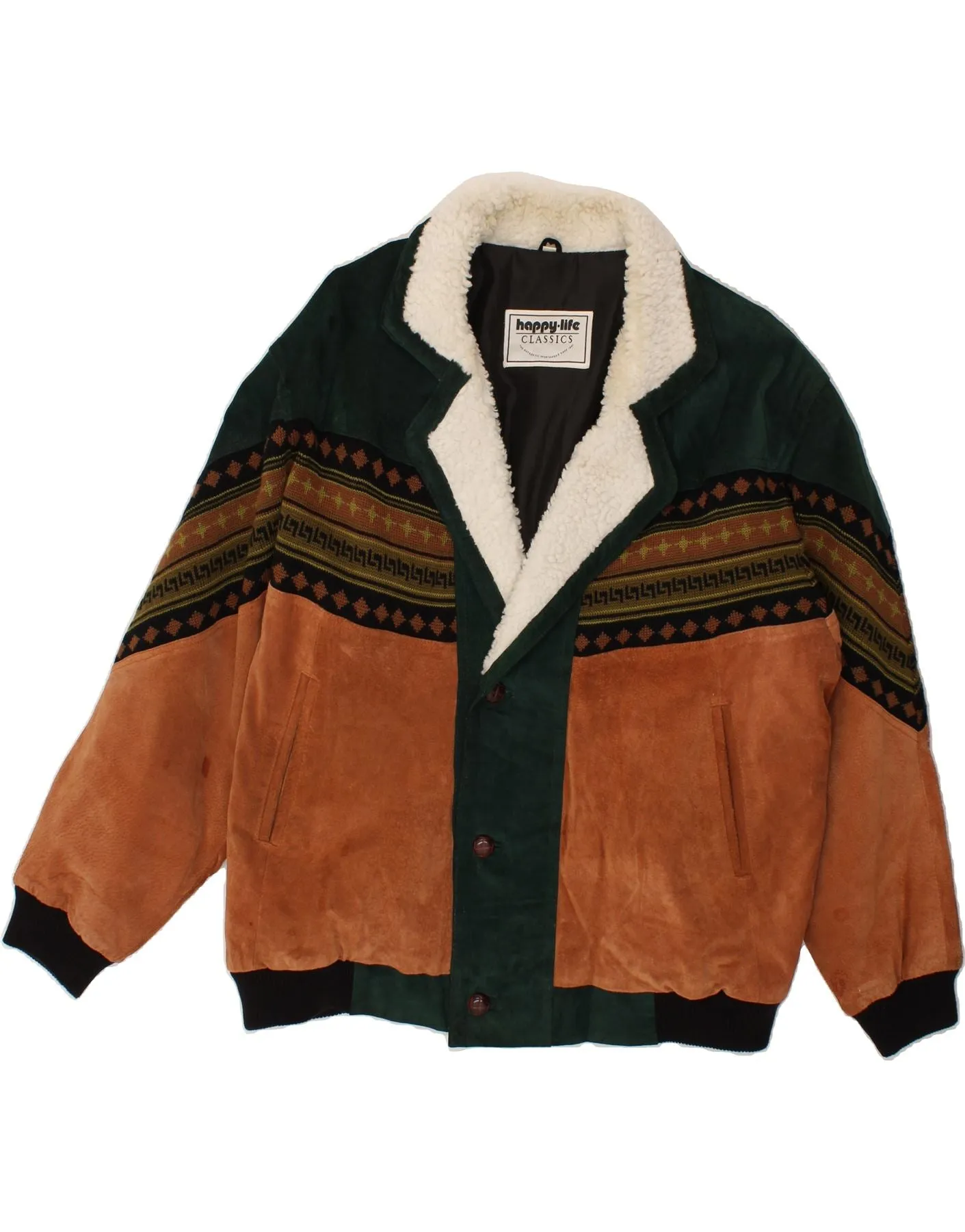 HAPPY LIFE Mens Classic Leather Jacket IT 56 3XL Brown Fair Isle Leather