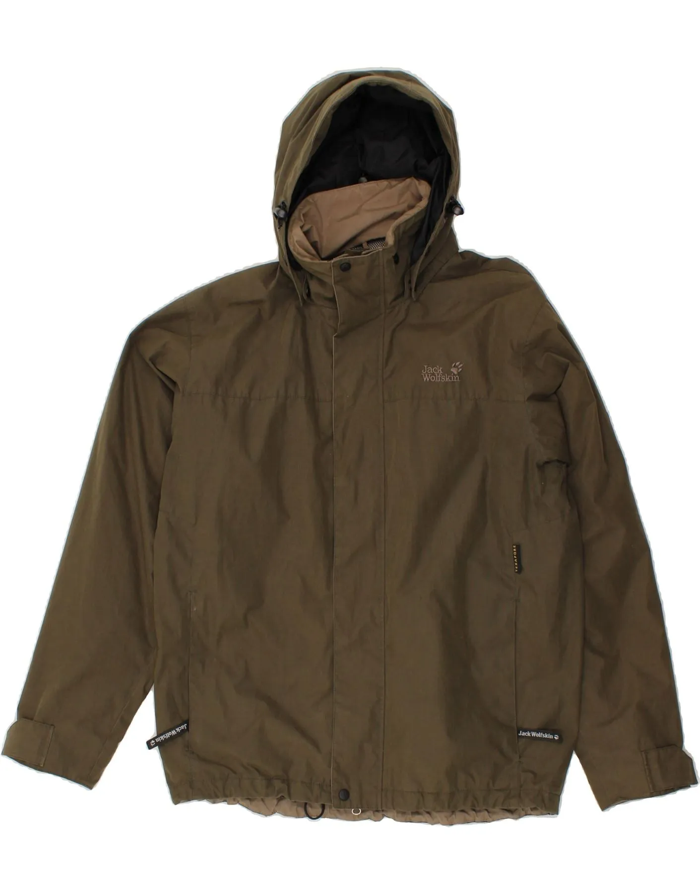 JACK WOLFSKIN Mens Hooded Rain Jacket UK 36/36 Medium Khaki Polyester