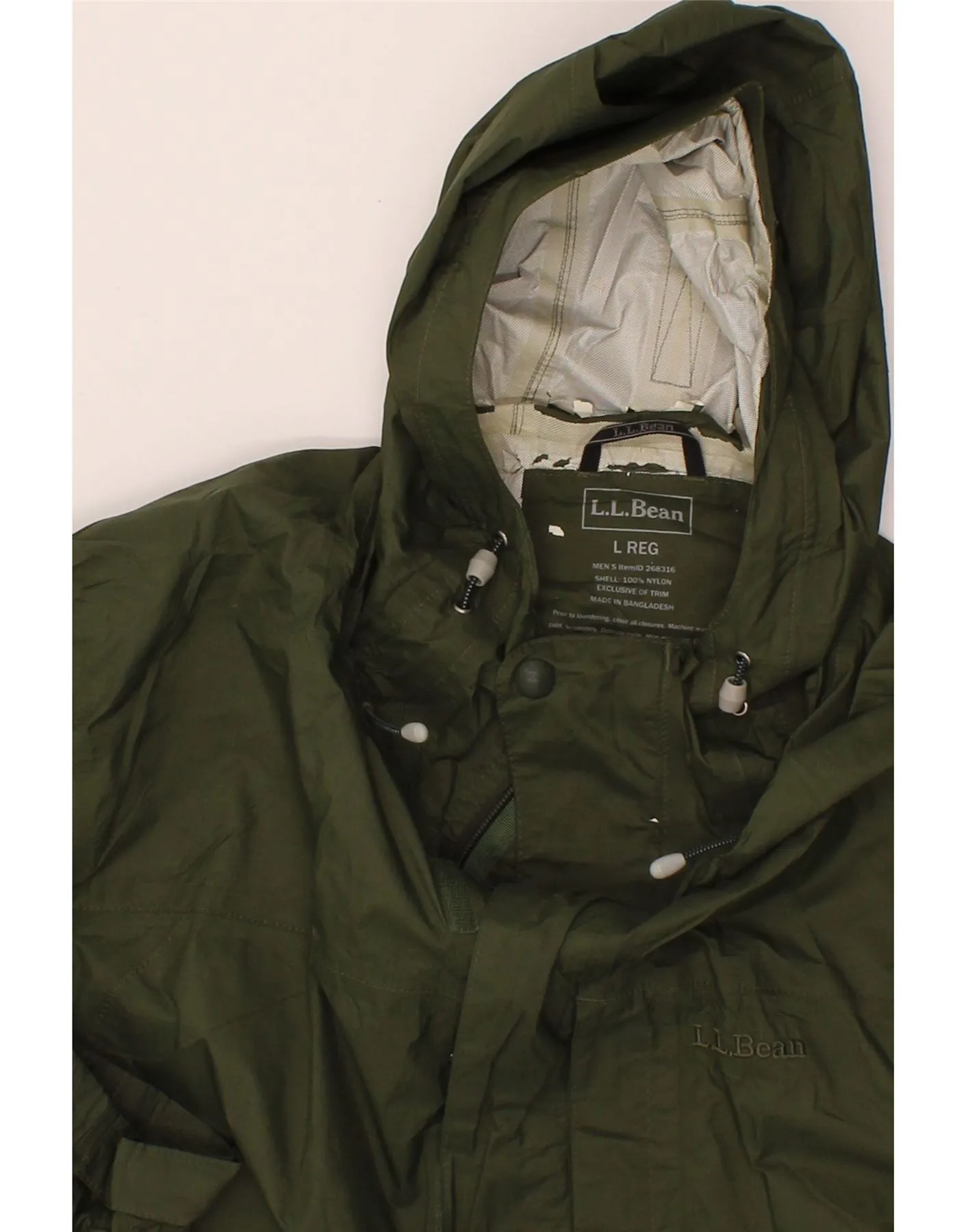 L.L.BEAN Mens Hooded Rain Jacket UK 40 Large Khaki Nylon