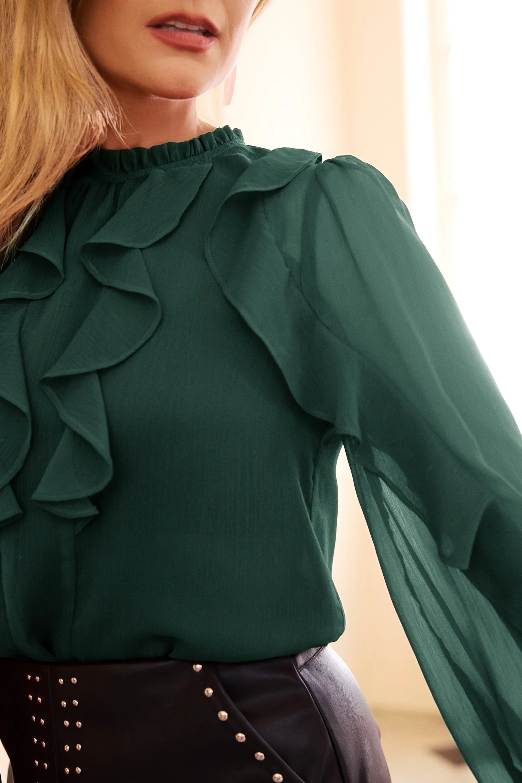 Love & Roses Ruffle Crew Neck Long Sleeve Blouse    