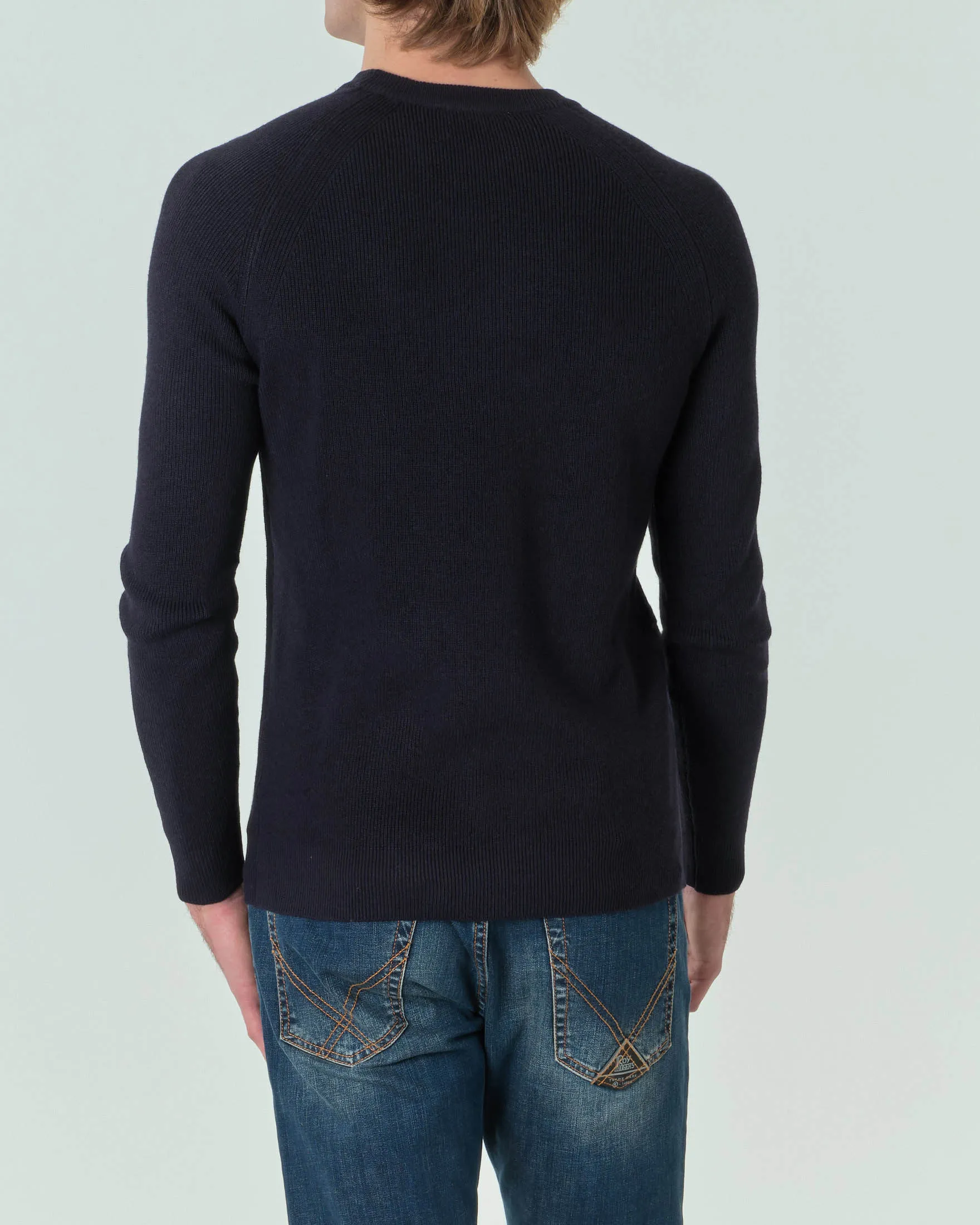 Maglia blu girocollo in misto lana a coste con maniche raglan