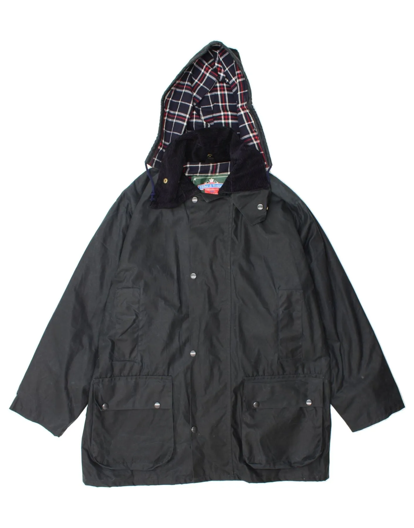 MILLER & SIMONS Mens Hooded Waxed Jacket UK 36 Small Navy Blue Cotton