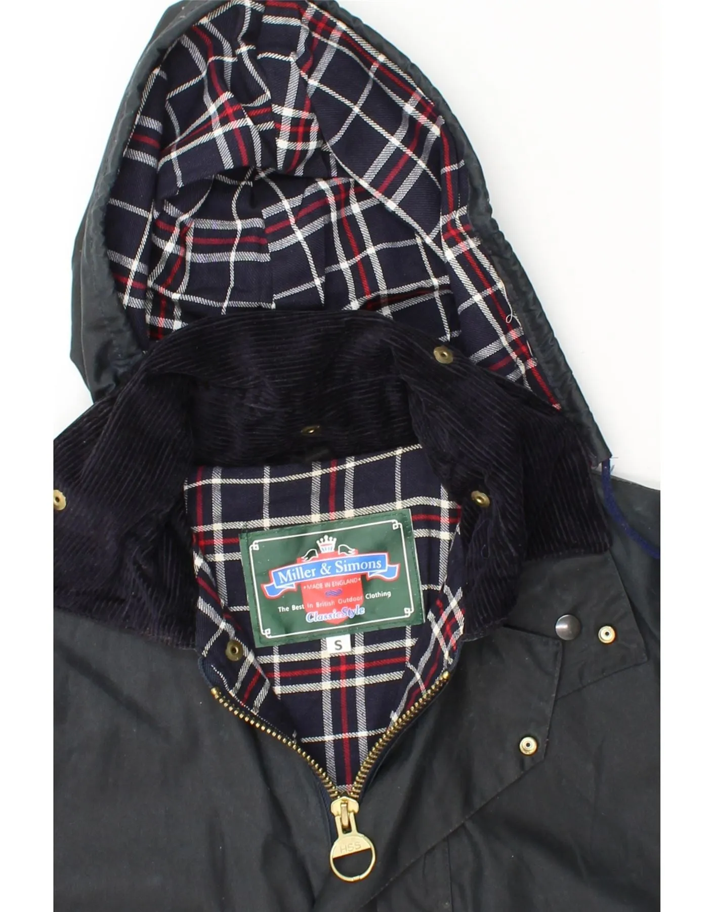 MILLER & SIMONS Mens Hooded Waxed Jacket UK 36 Small Navy Blue Cotton