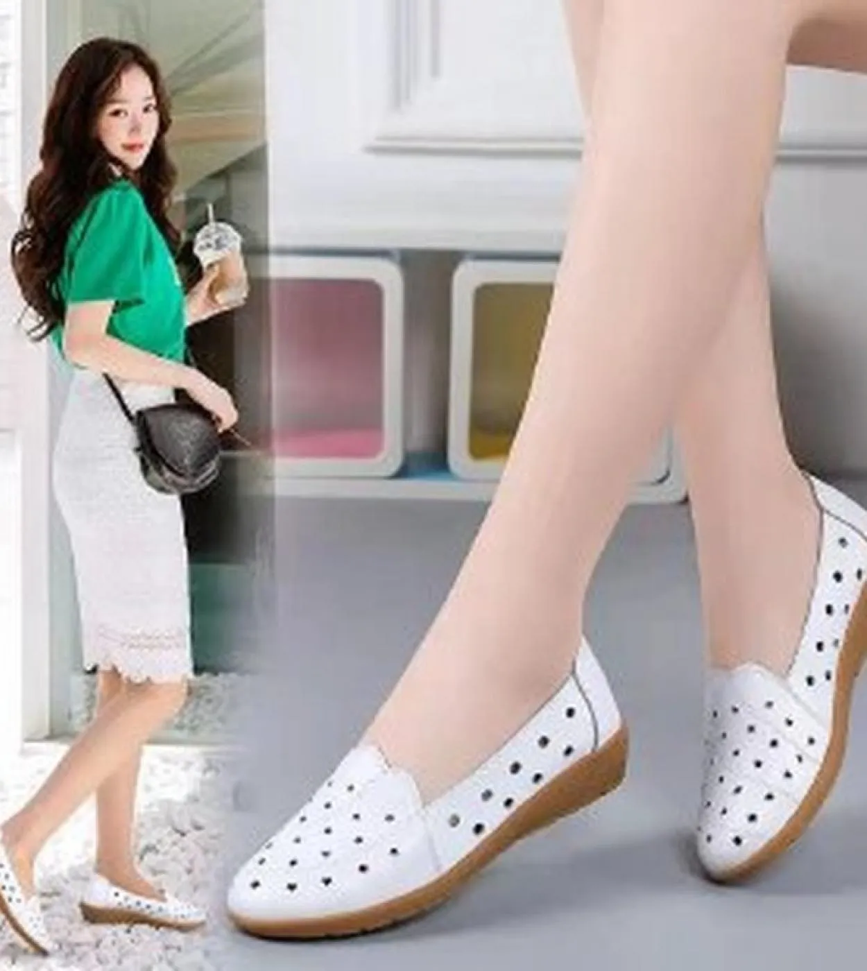 Moda Scarpe casual in pelle bianca per donna Appartamenti estivi Ritagli Mocassini traspiranti Scarpe da balletto da donna Mocas