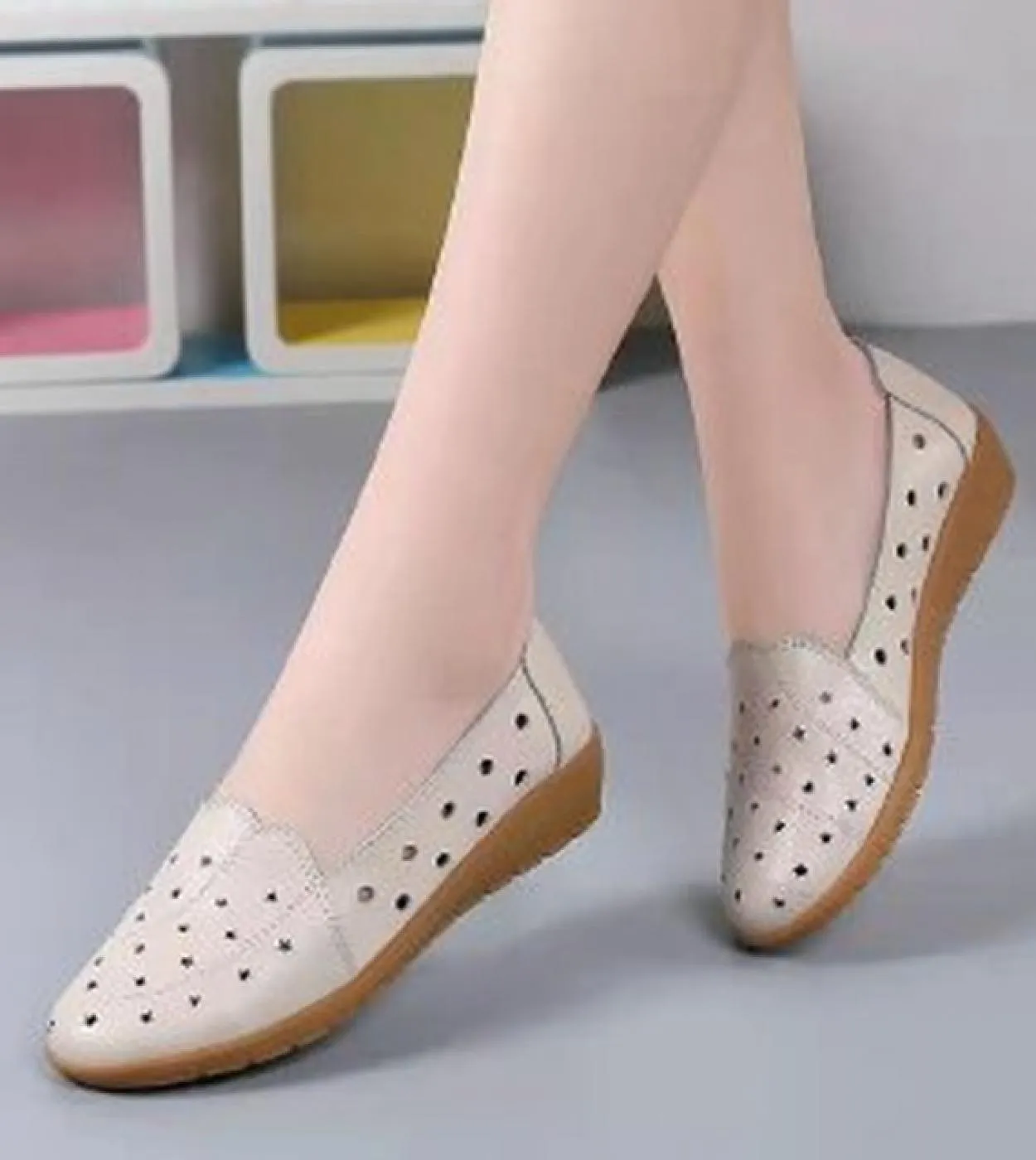 Moda Scarpe casual in pelle bianca per donna Appartamenti estivi Ritagli Mocassini traspiranti Scarpe da balletto da donna Mocas