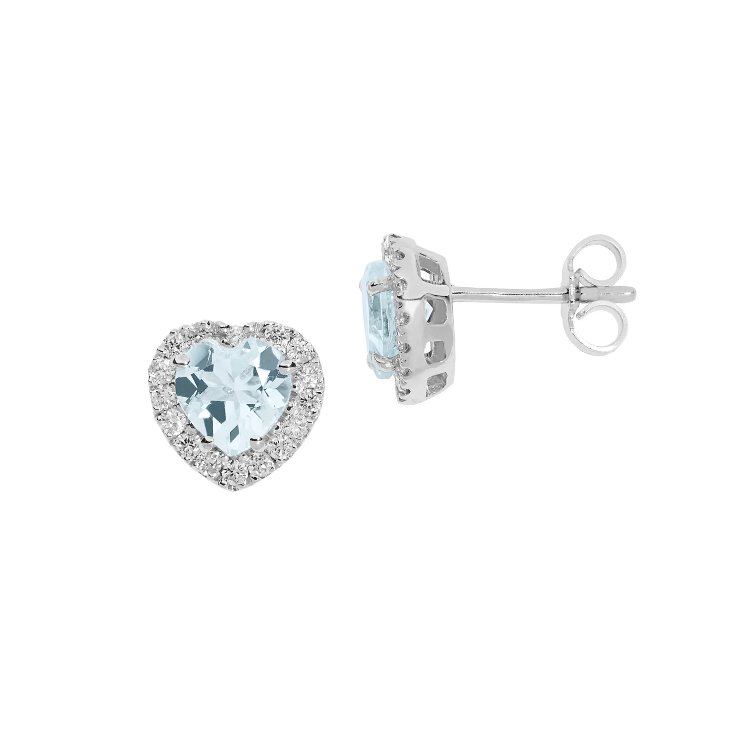 Orecchini Azzurra, a forma di cuore in oro bianco acquamarina e diamanti.