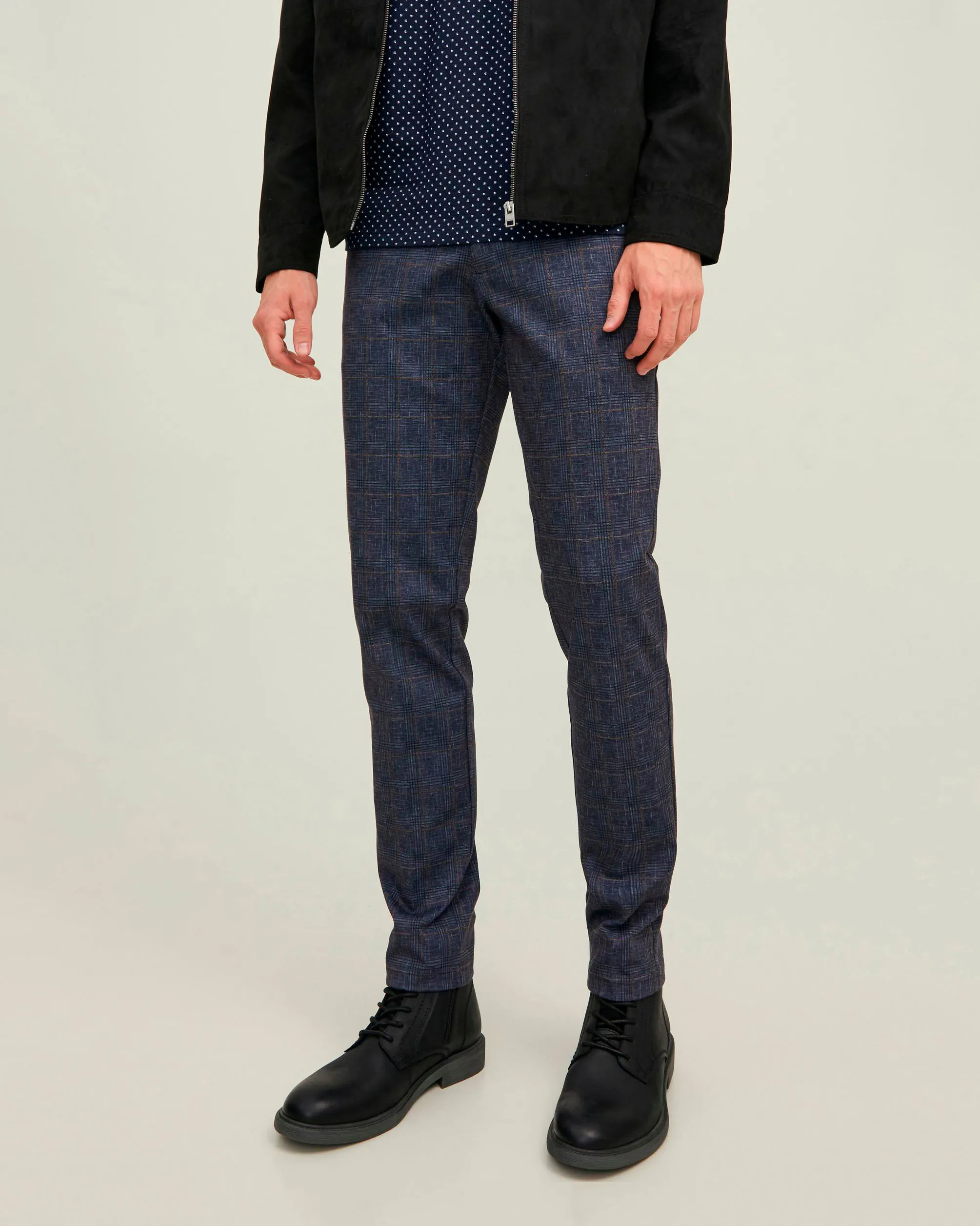 Pantalone chino blu in jersey a quadri scozzesi