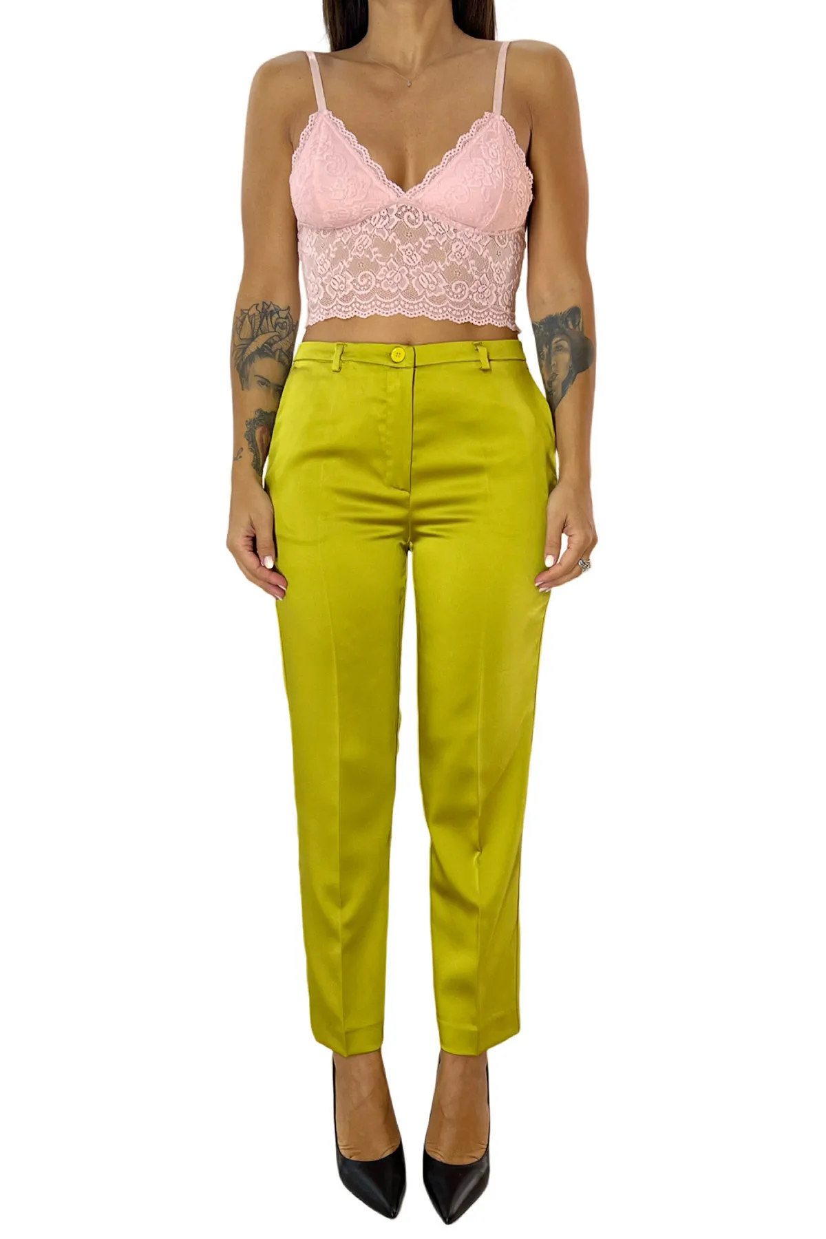Pantalone donna in raso vita regolare chiusura bottone con passacinta gamba comoda