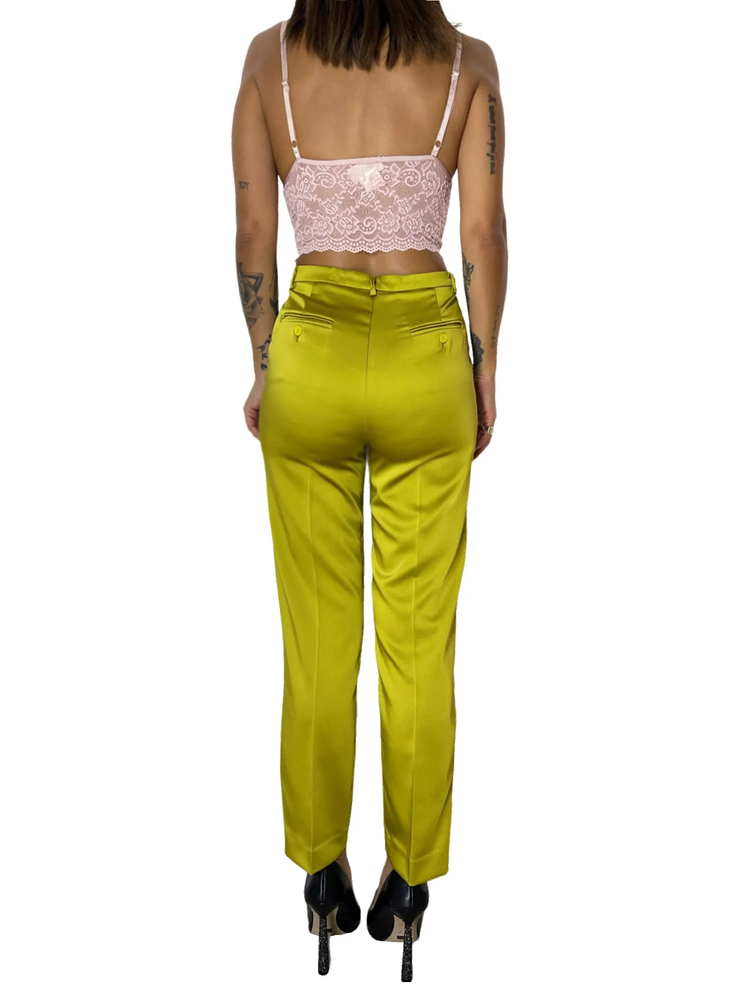 Pantalone donna in raso vita regolare chiusura bottone con passacinta gamba comoda