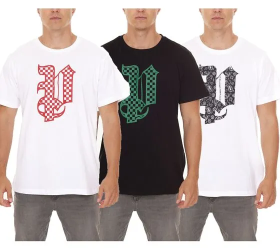 PASH Camicia a maniche corte da uomo a scacchiera o bandana con ampia stampa frontale in cotone Nero/Verde, Bianco/Nero o Bianco