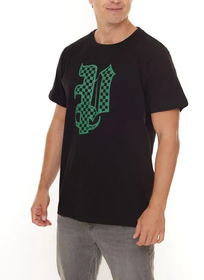 PASH Camicia a maniche corte da uomo a scacchiera o bandana con ampia stampa frontale in cotone Nero/Verde, Bianco/Nero o Bianco