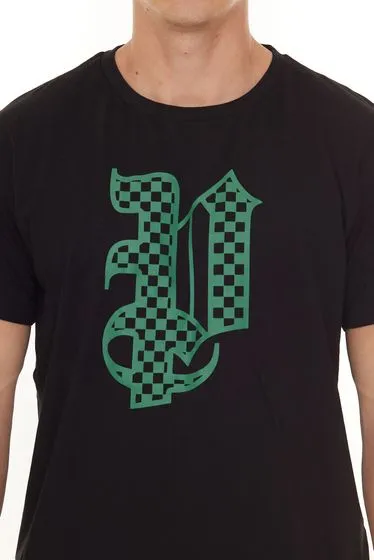 PASH Camicia a maniche corte da uomo a scacchiera o bandana con ampia stampa frontale in cotone Nero/Verde, Bianco/Nero o Bianco