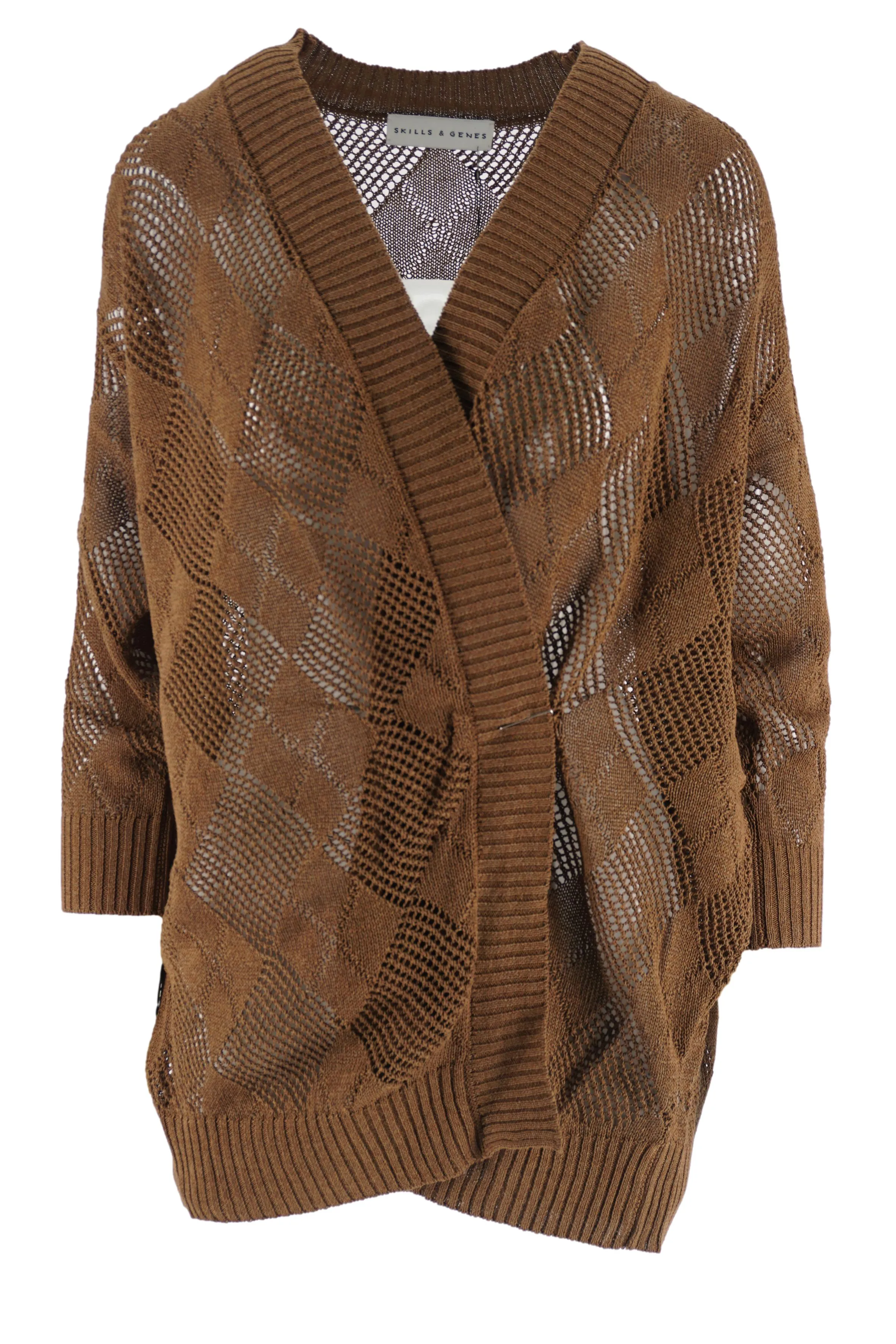 Perforated Cardigan Sweater in Cotton / Brown