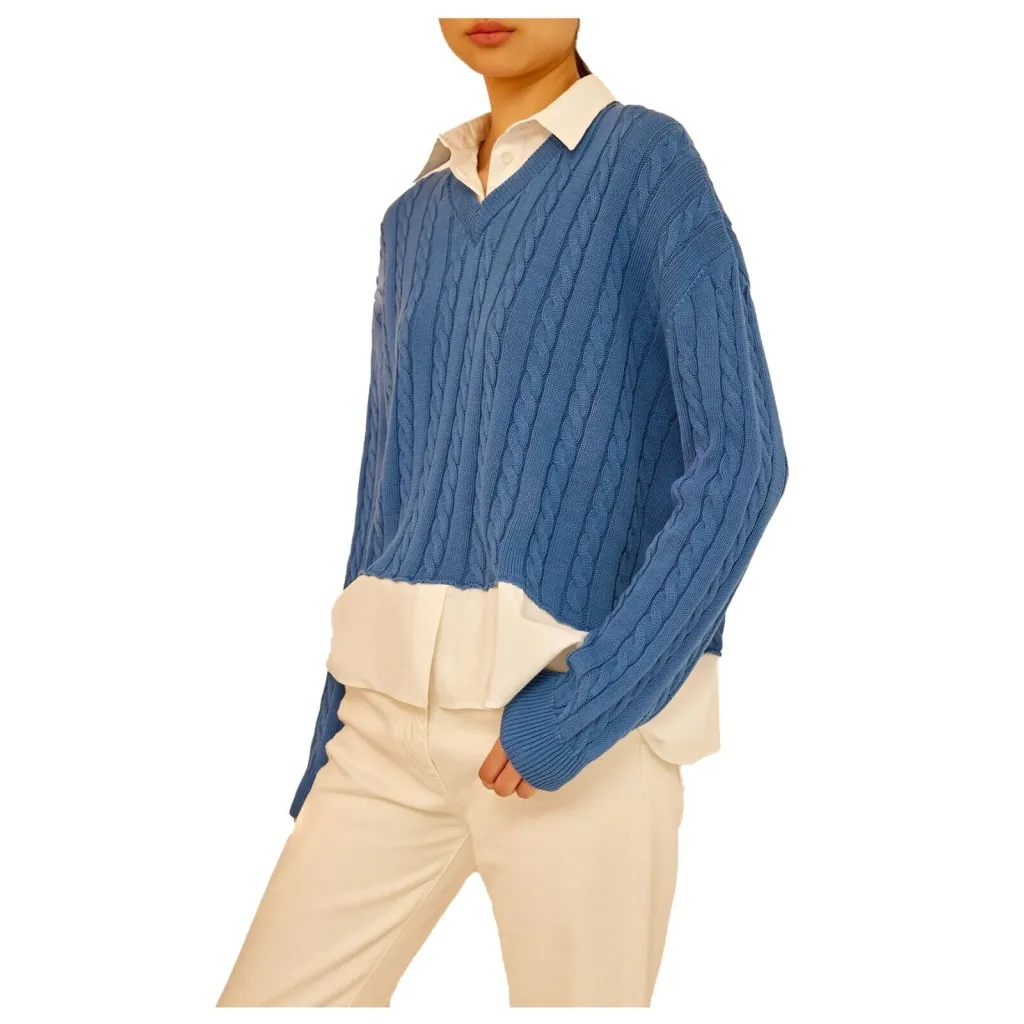 SEMICOUTURE maglia cotone trecce con inserti popeline bianco Y4SB13 MIKAELA MADE IN ITALY