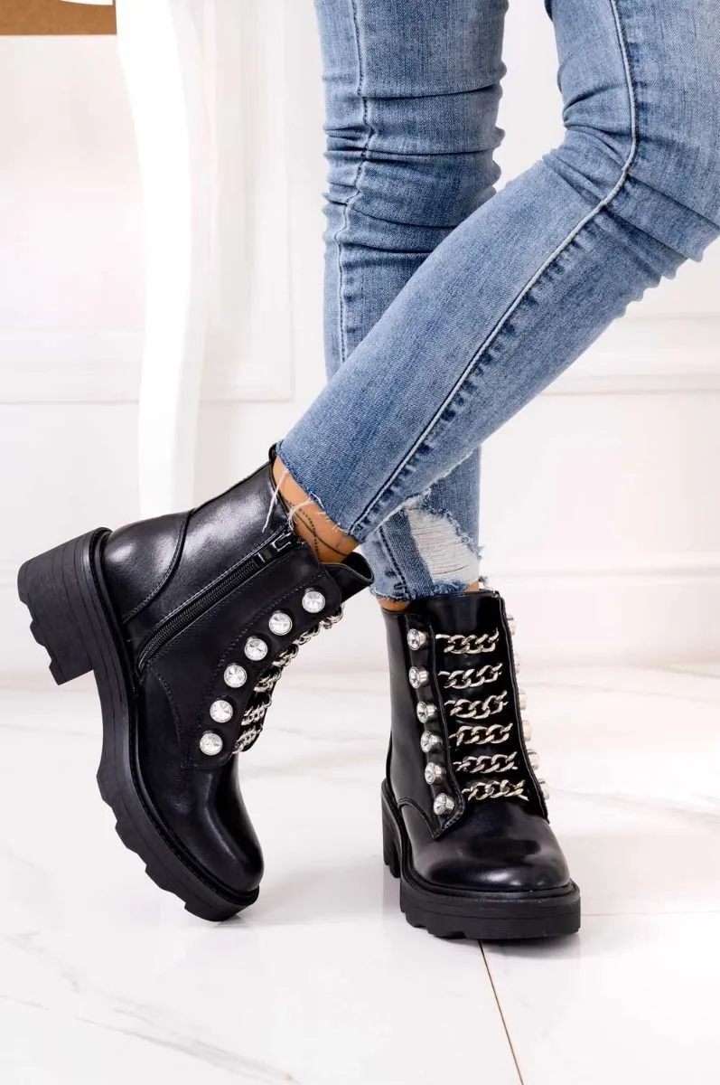 Stivaletti neri biker con catene e strass