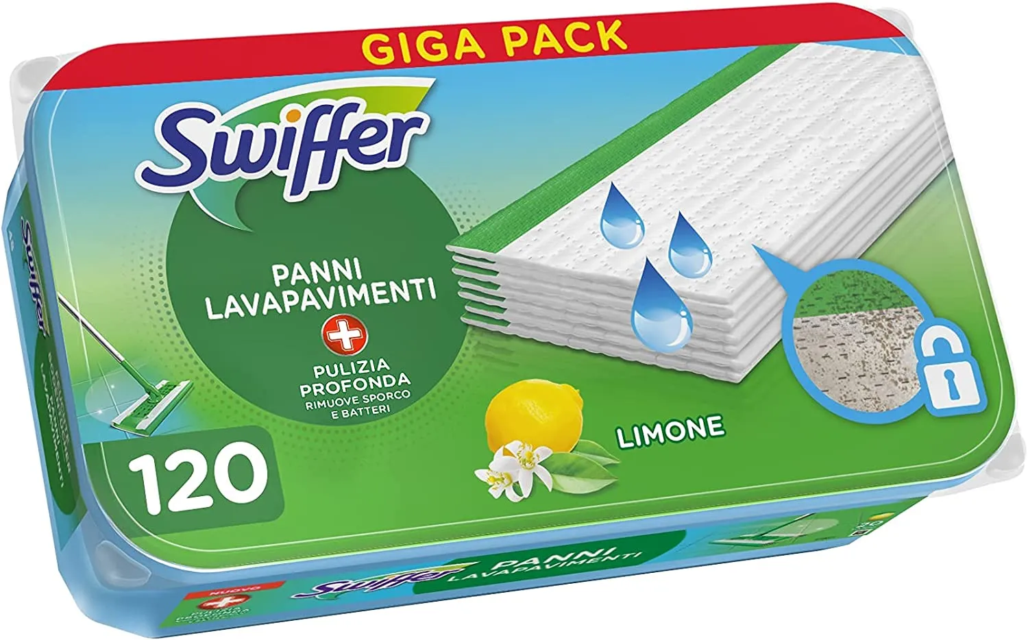 Swiffer Wet Lavapavimenti, 120 Panni Umidi, Limone, Maxi Formato, Pulizia Igienica Profonda, Rimuove Sporco e Batteri, per Tutti